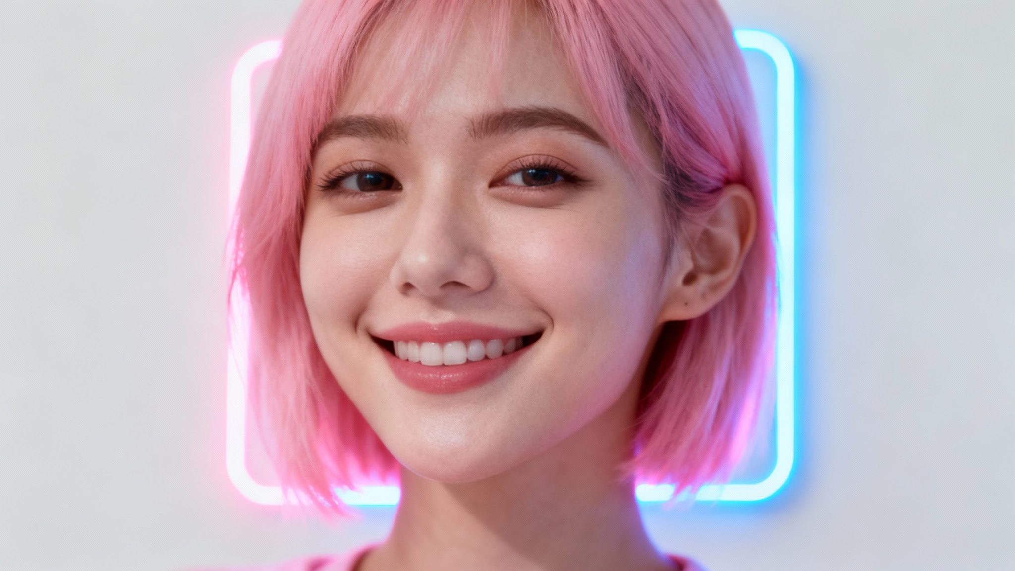 A hyper-realistic square profile picture of a young woman with pastel pink hair, illuminated by vibrant pink and blue neon lights against a clean, off-white background.