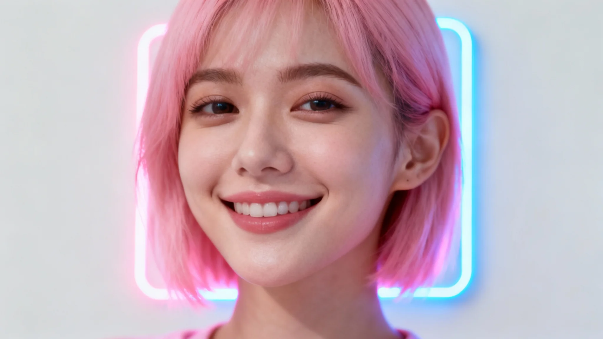 A hyper-realistic square profile picture of a young woman with pastel pink hair, illuminated by vibrant pink and blue neon lights against a clean, off-white background.
