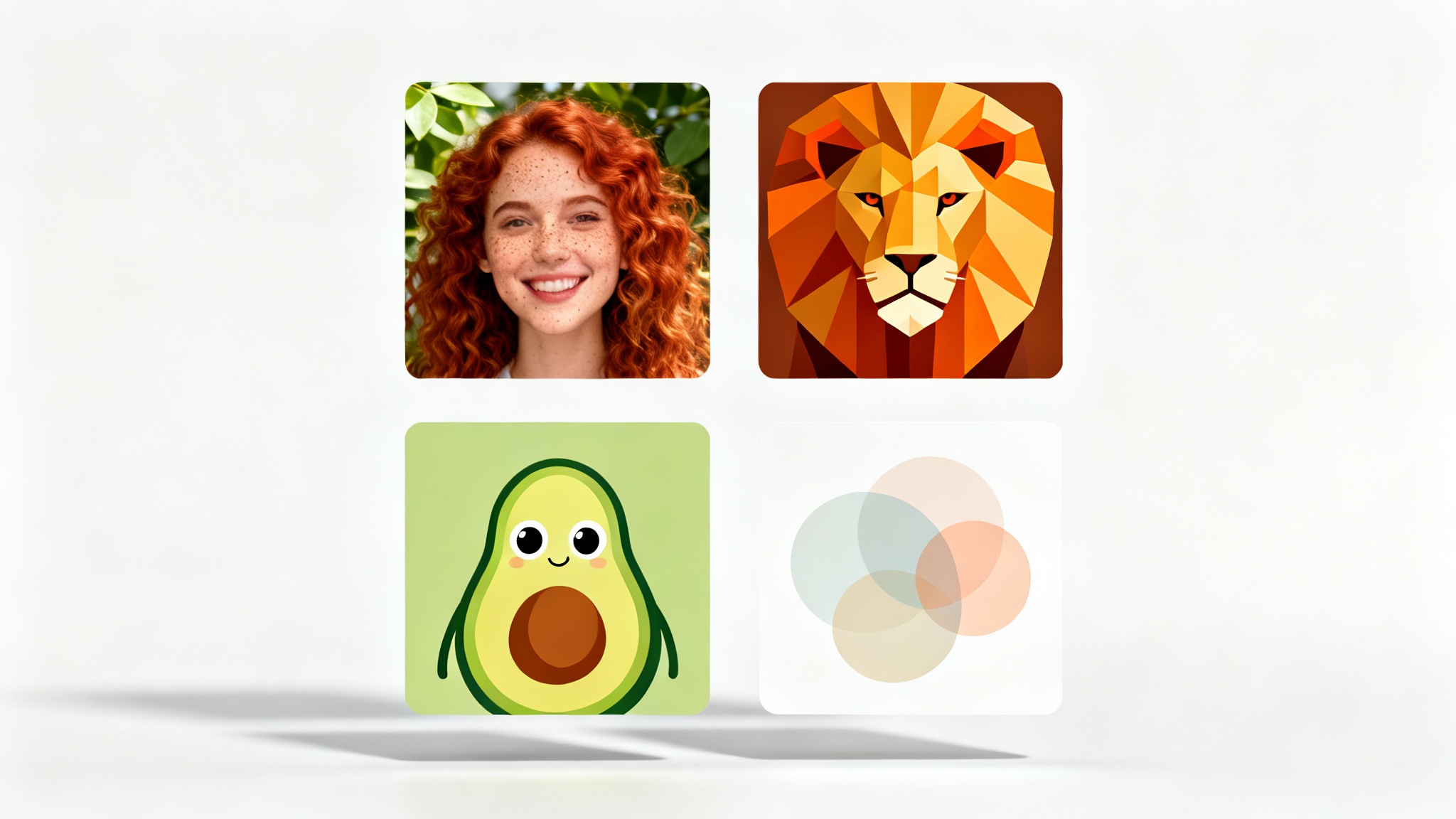 A 2x2 grid of four diverse square profile pictures on a white background. The images include a photorealistic portrait of a woman, a vector illustration of a lion, a cartoon avocado, and a minimalist abstract design.