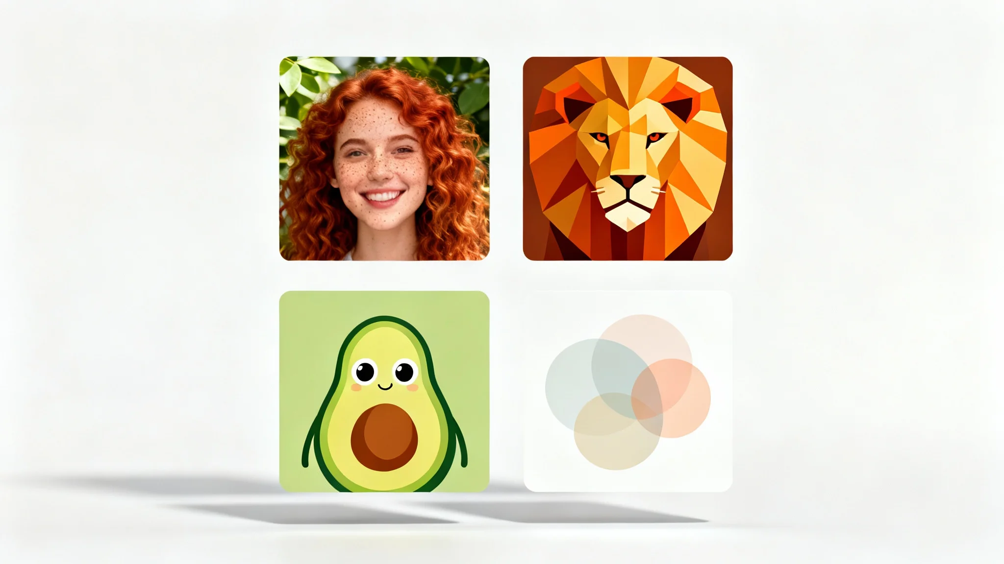A 2x2 grid of four diverse square profile pictures on a white background. The images include a photorealistic portrait of a woman, a vector illustration of a lion, a cartoon avocado, and a minimalist abstract design.
