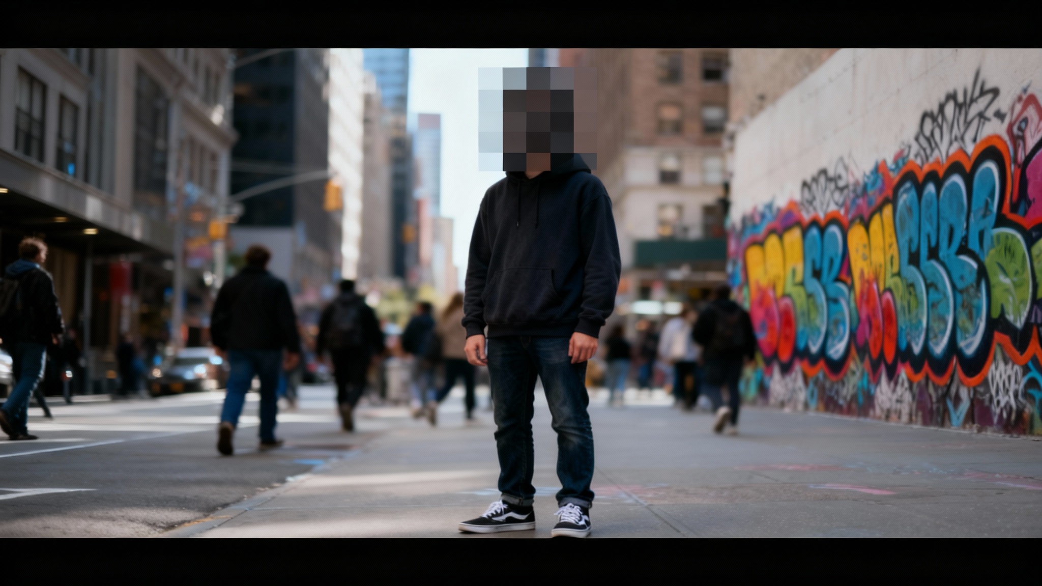 A professionally edited photo of a person standing in a city, with their face artfully pixelated to protect their identity, demonstrating the high-quality output of a photo censorship tool.