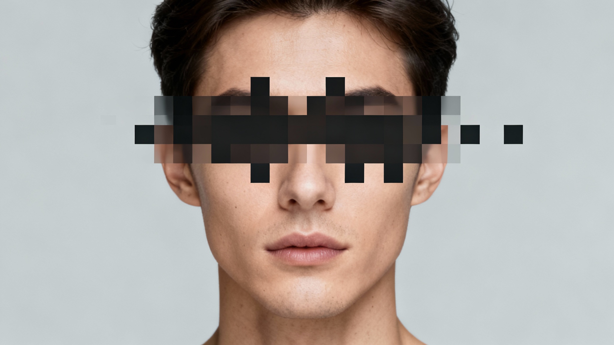 A close-up portrait of a person's face with their eyes heavily pixelated to demonstrate a photo censoring effect.