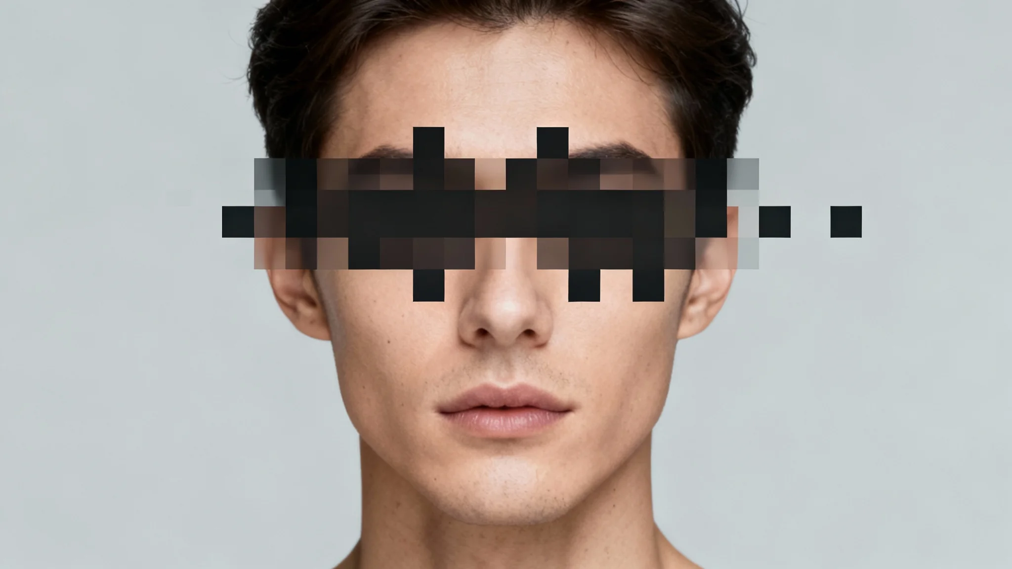 A close-up portrait of a person's face with their eyes heavily pixelated to demonstrate a photo censoring effect.