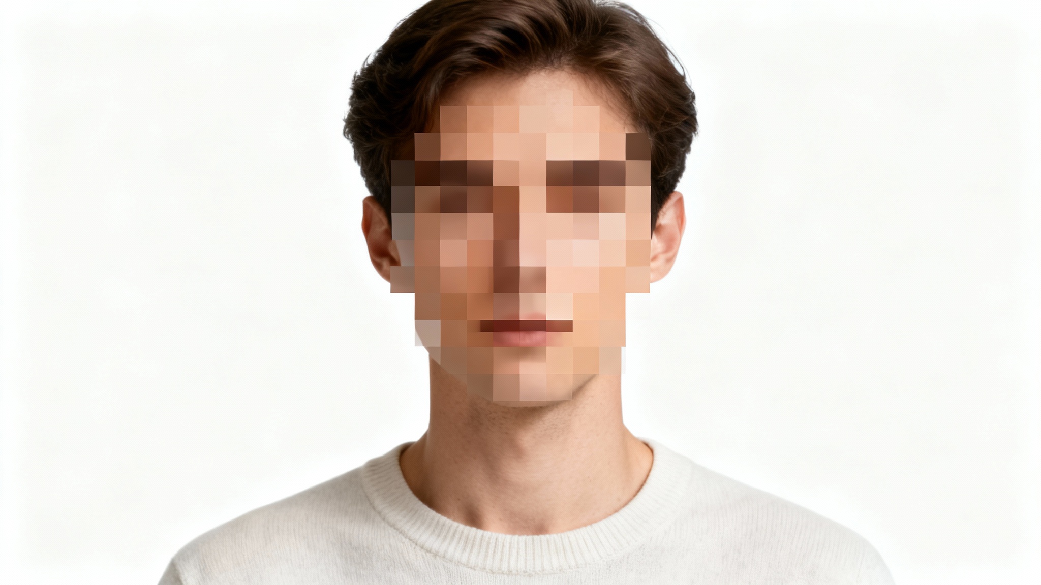 A photorealistic portrait of a person whose face is hidden by large, square pixelation, demonstrating a photo censorship effect, set against a plain white background.