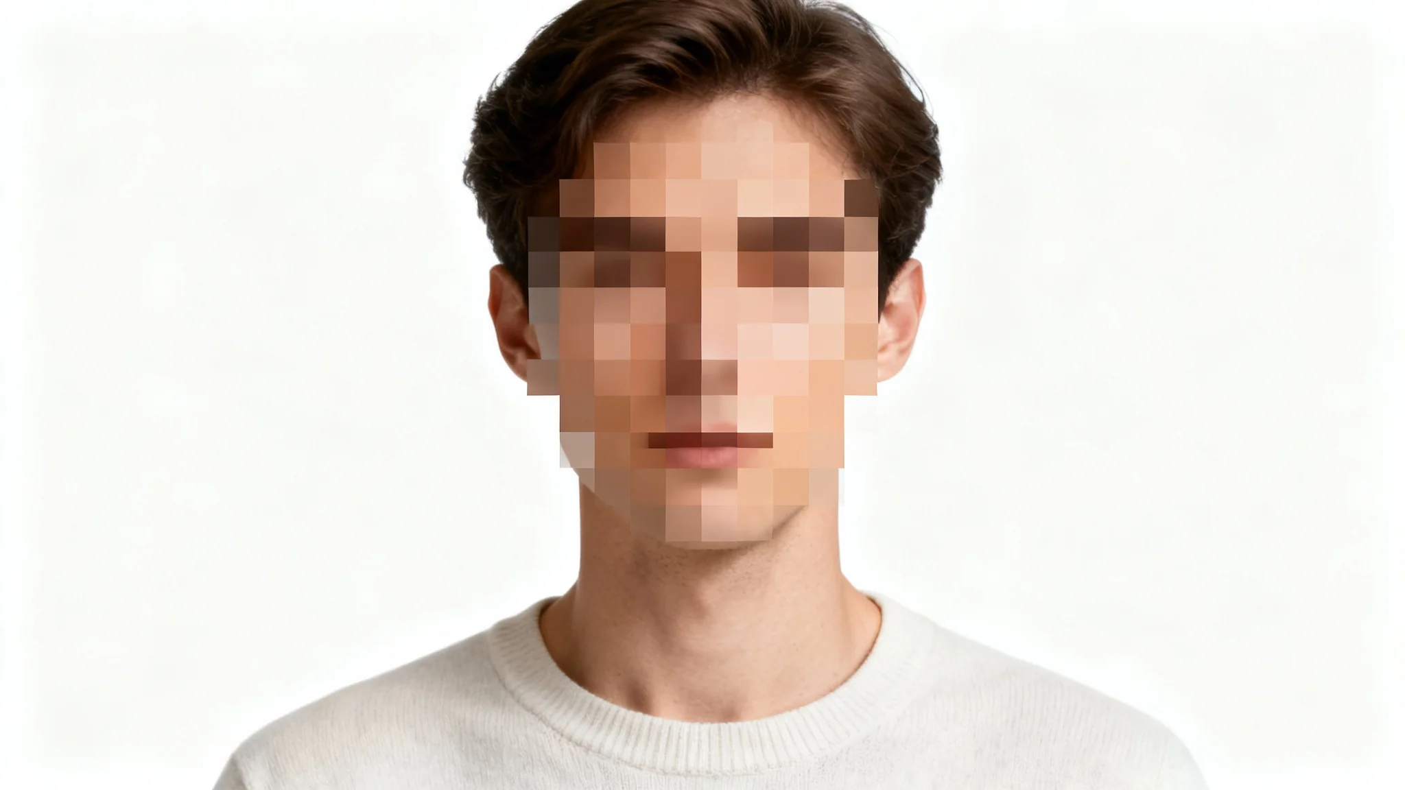 A photorealistic portrait of a person whose face is hidden by large, square pixelation, demonstrating a photo censorship effect, set against a plain white background.