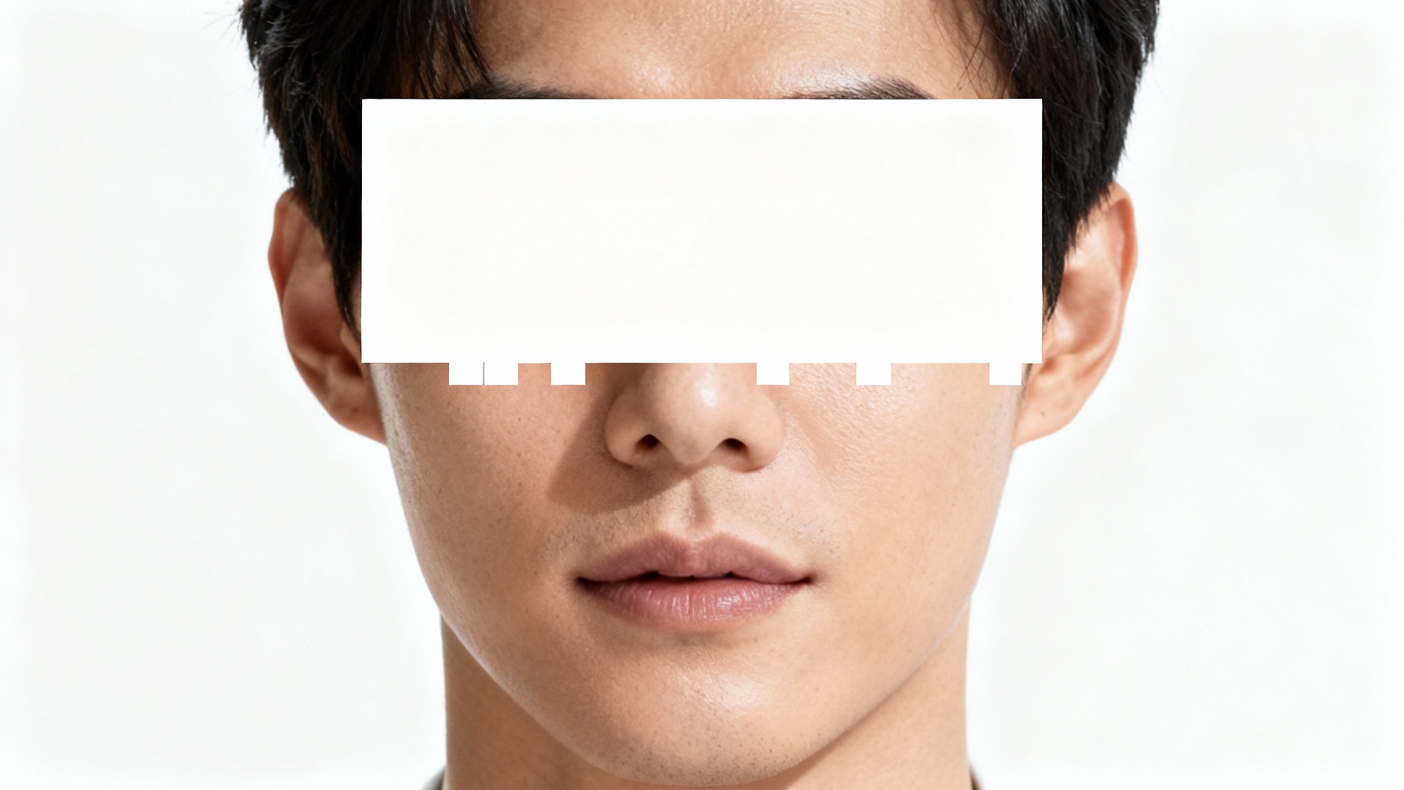 A high-resolution headshot of a person against a white background, with their eyes obscured by a large pixelated block, illustrating a photo censorship feature.
