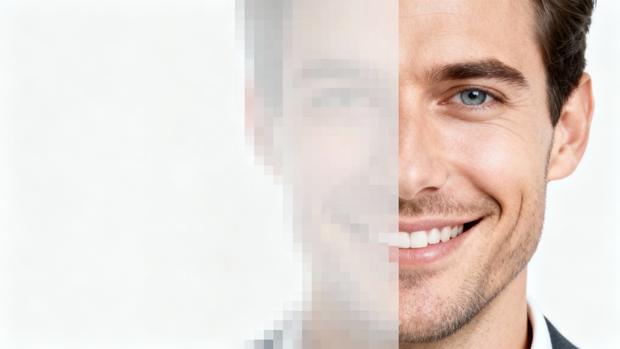A professional headshot of a man where the left side of his face is completely censored with a pixelation effect, demonstrating photo privacy.
