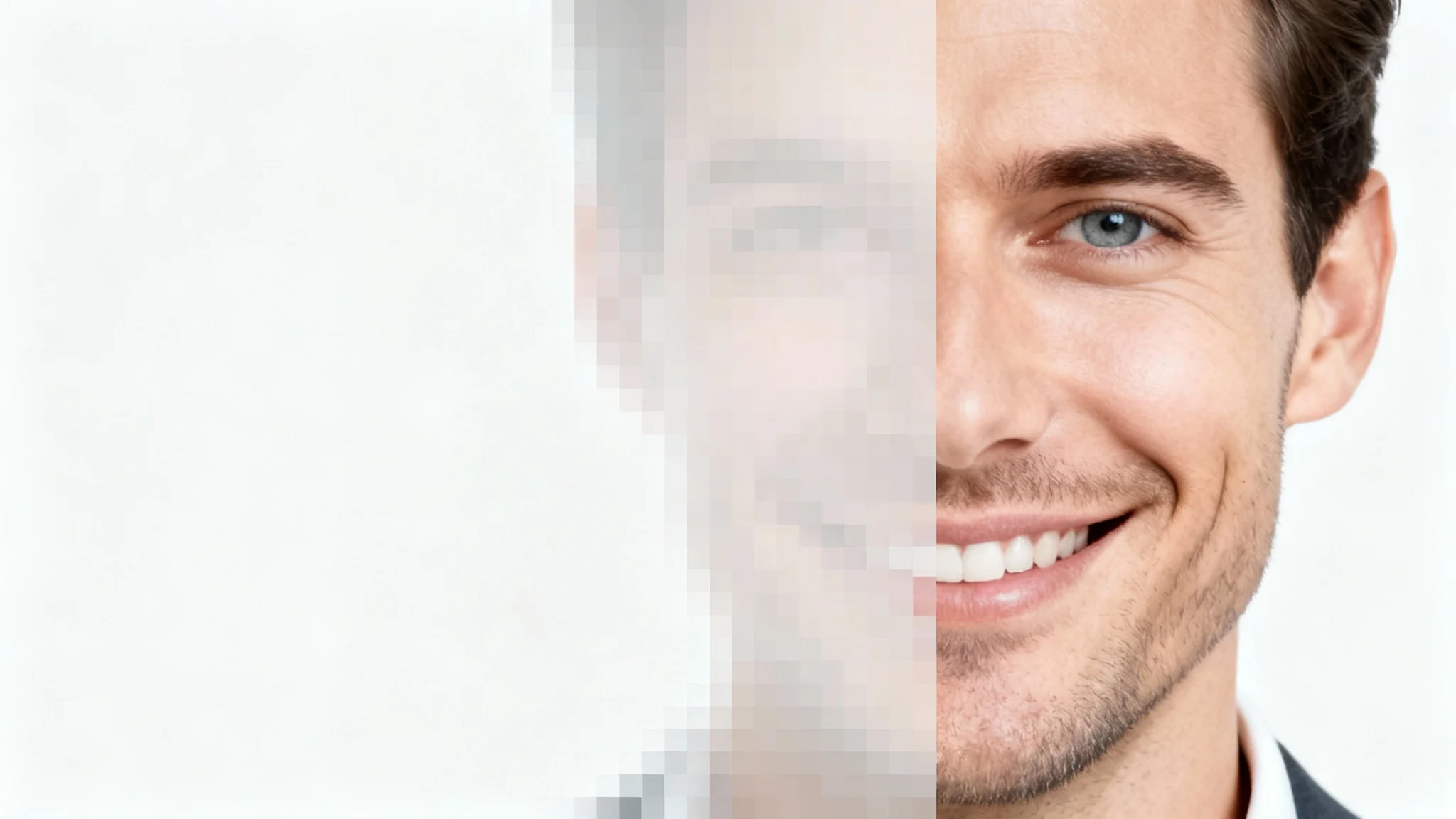 A professional headshot of a man where the left side of his face is completely censored with a pixelation effect, demonstrating photo privacy.
