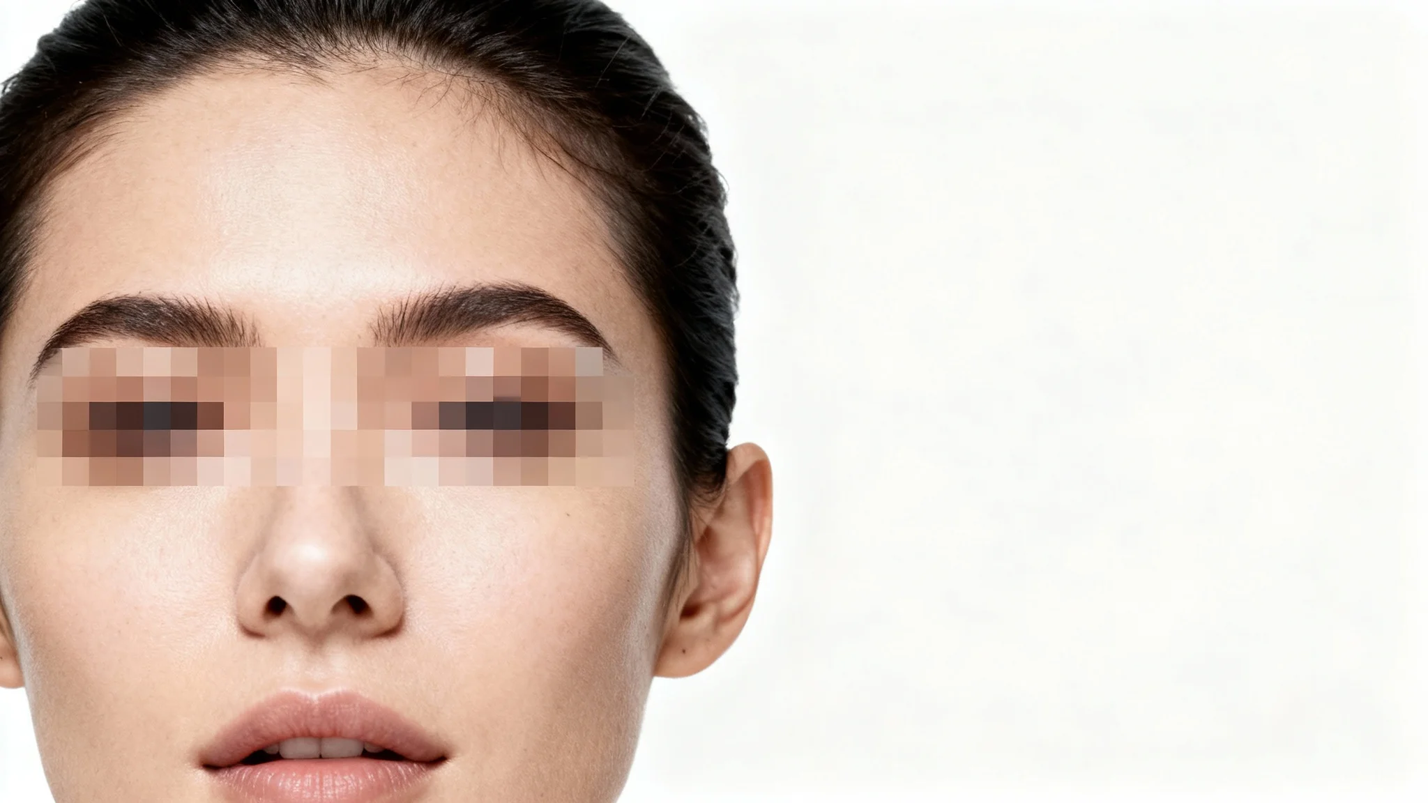 A close-up, high-resolution photo of a person's face, with a large pixelated block censoring the eyes, presented on a plain white background.