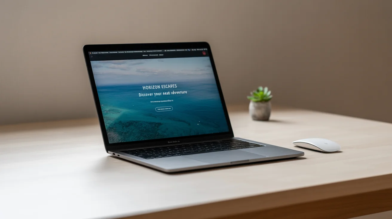 A photorealistic mockup of a MacBook Pro on a desk, showcasing a beautifully designed travel website on its screen with the words 'Horizon Escapes'.
