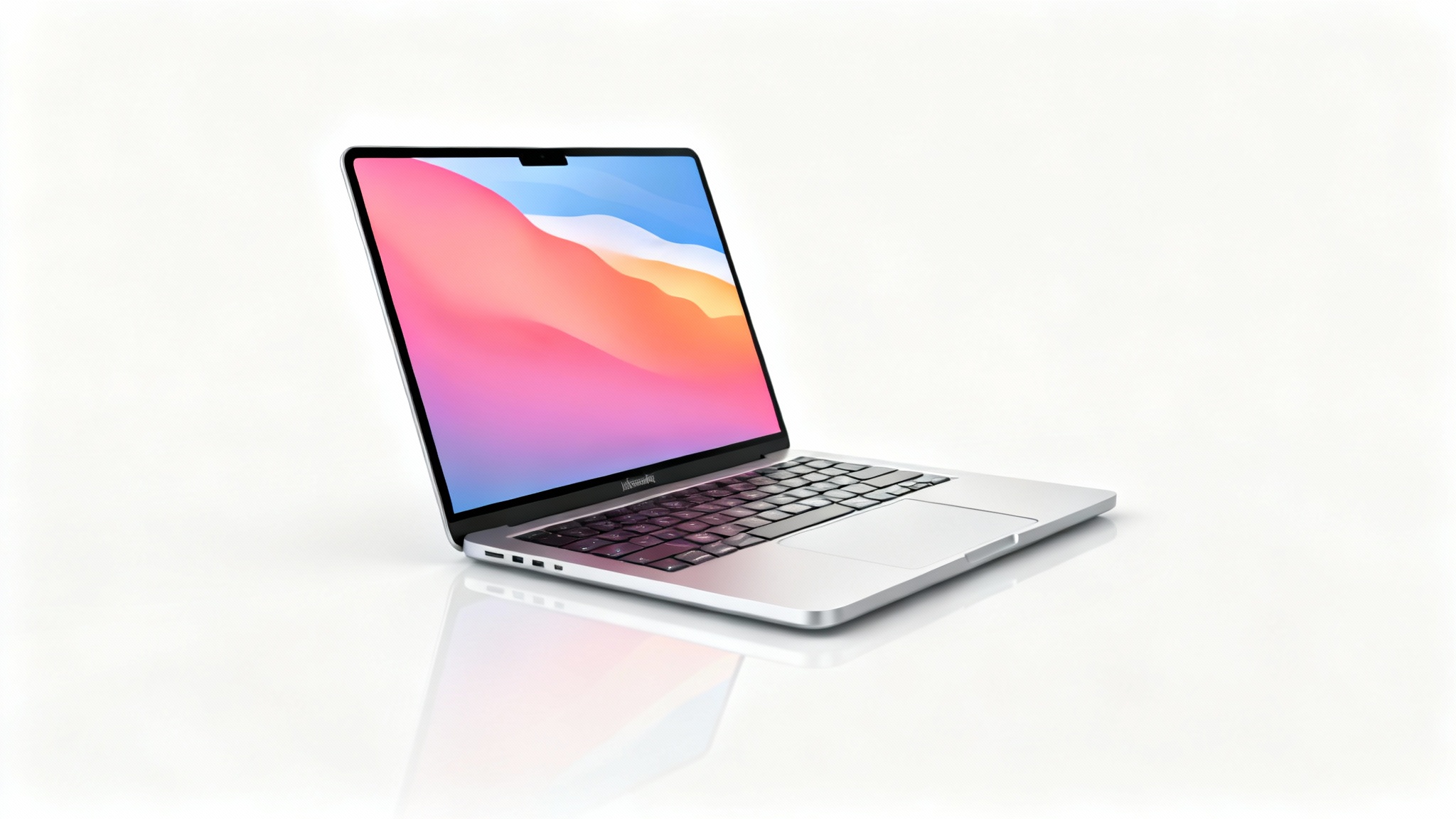 A photorealistic mockup of a modern silver laptop on a clean white background. The laptop is open, angled slightly, and displays a colorful abstract gradient wallpaper on its screen.