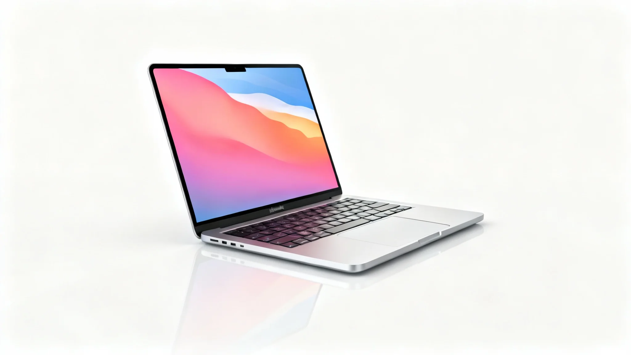 A photorealistic mockup of a modern silver laptop on a clean white background. The laptop is open, angled slightly, and displays a colorful abstract gradient wallpaper on its screen.
