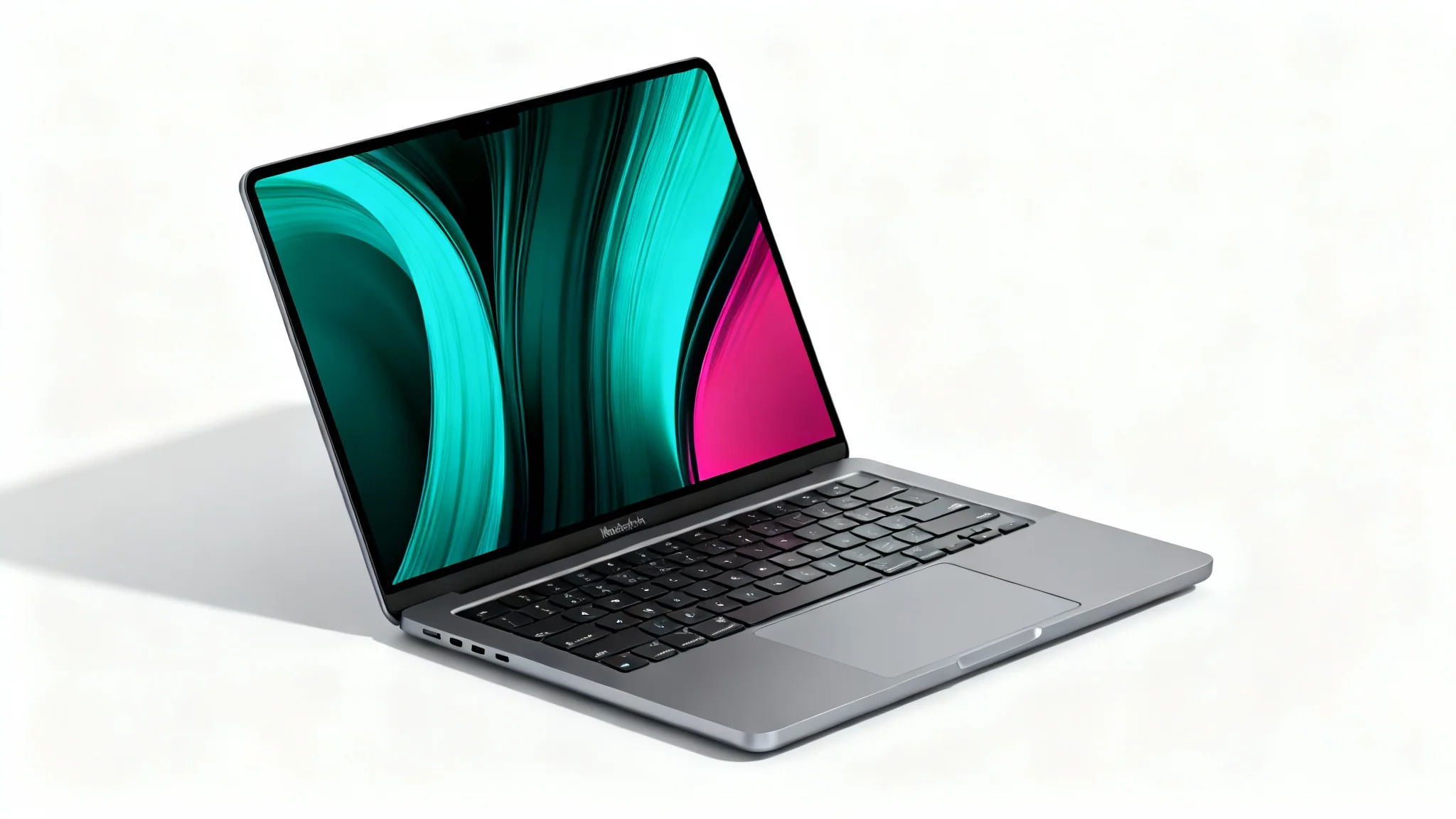 A photorealistic mockup of a modern space gray MacBook Pro, shown open at an angle on a clean white background, with a colorful abstract wallpaper on its screen.