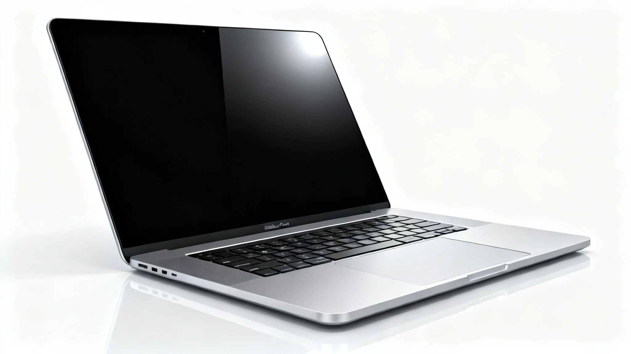 A photorealistic mockup of a modern silver MacBook Pro, open and angled on a clean white background, showcasing its sleek design.