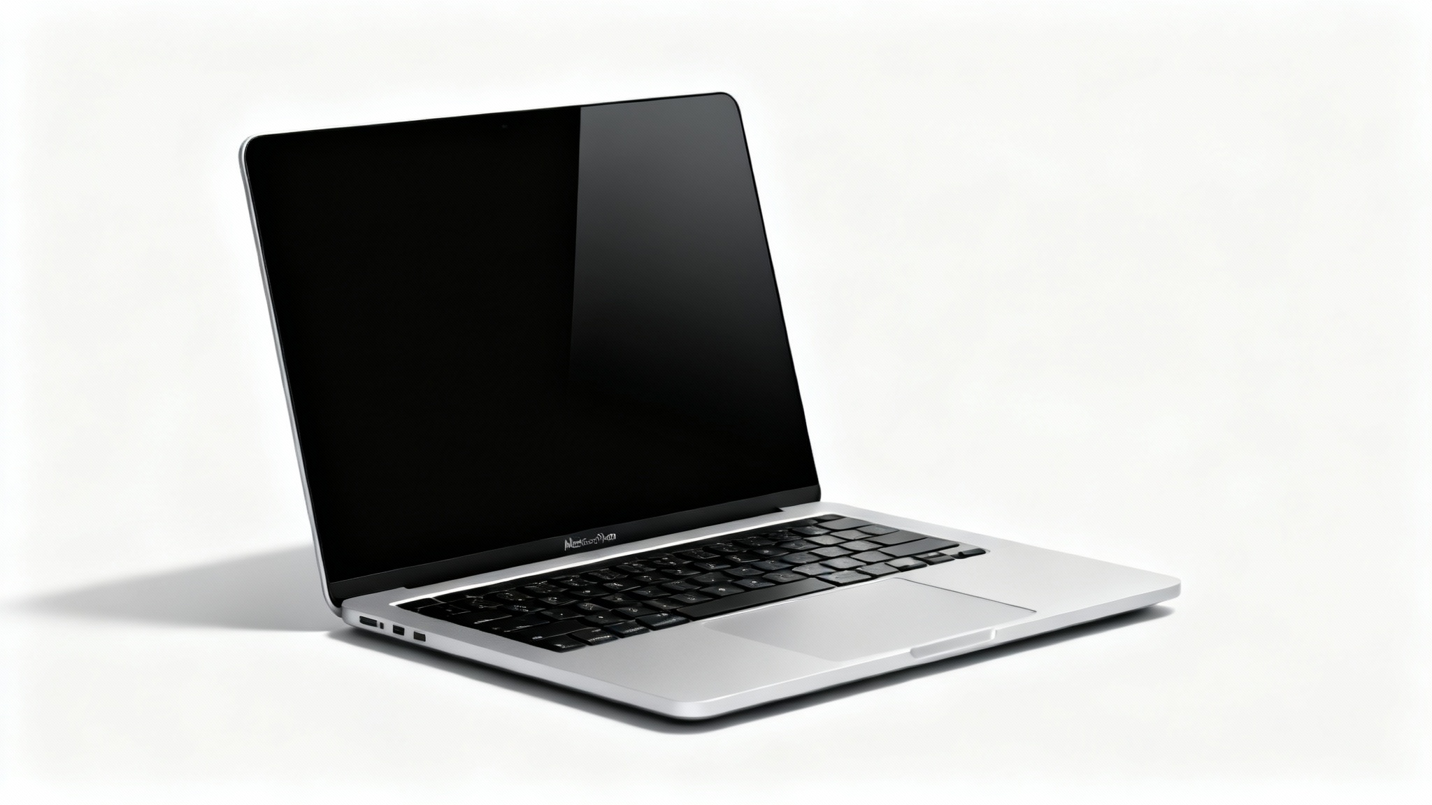 A photorealistic mockup of a modern silver MacBook Pro, open and angled on a clean white background, with a blank screen ready for content.