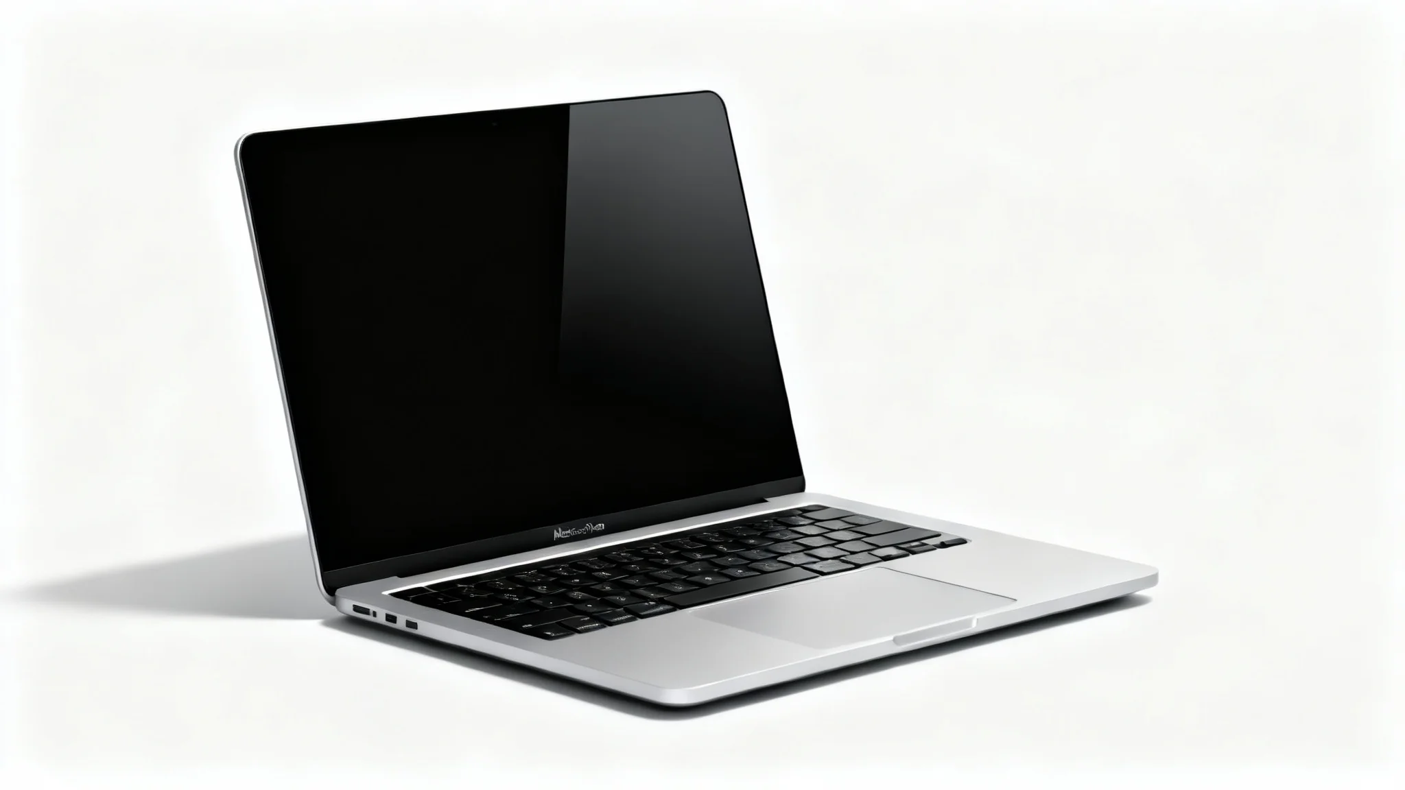 A photorealistic mockup of a modern silver MacBook Pro, open and angled on a clean white background, with a blank screen ready for content.