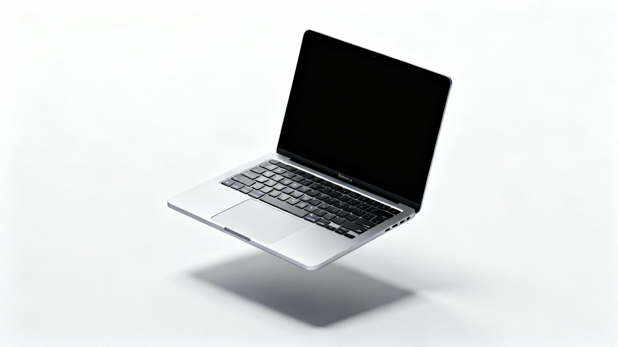 A photorealistic image of a modern silver MacBook laptop, open and angled on a minimalist white background, showcasing its sleek design.