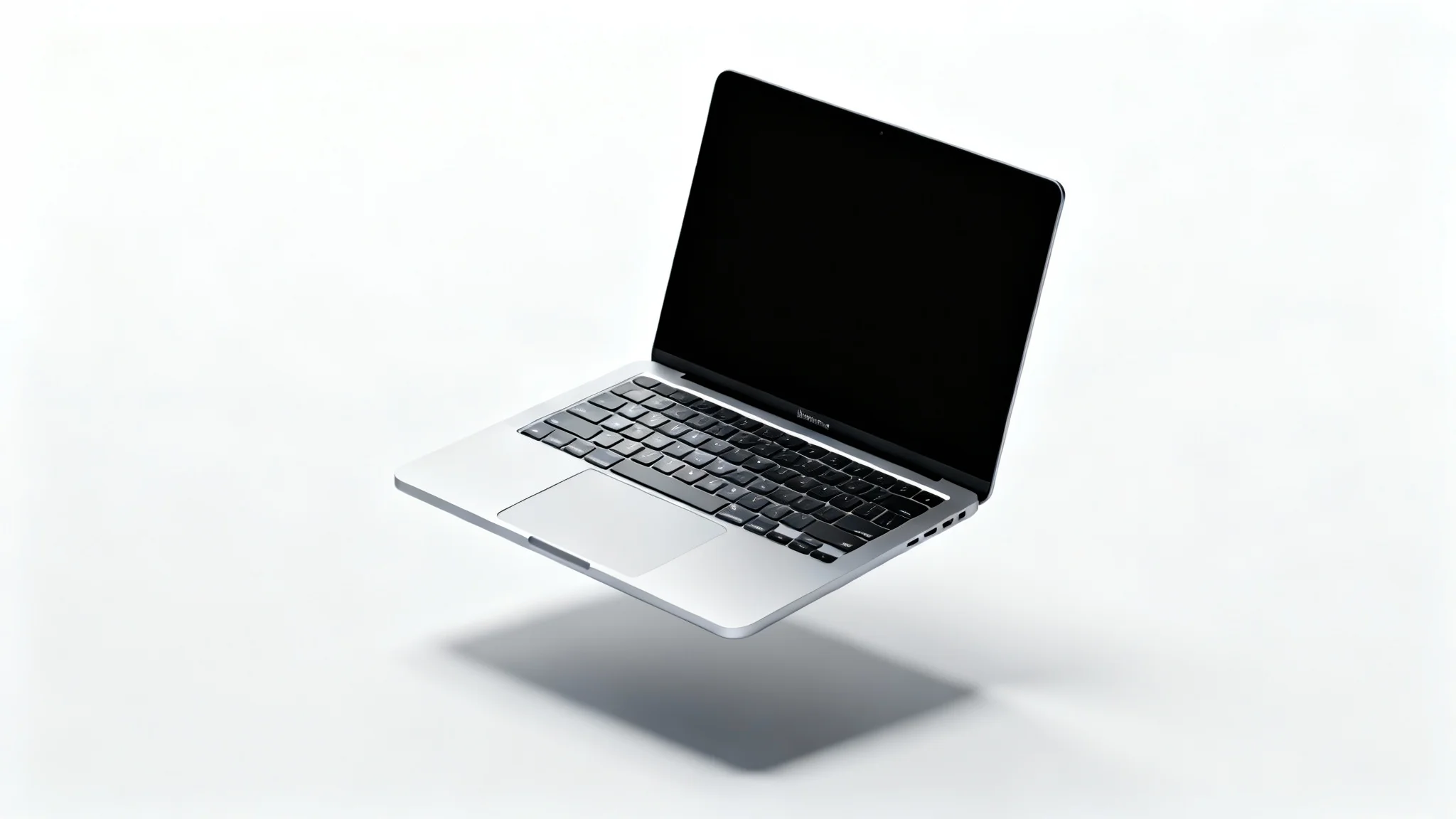 A photorealistic image of a modern silver MacBook laptop, open and angled on a minimalist white background, showcasing its sleek design.