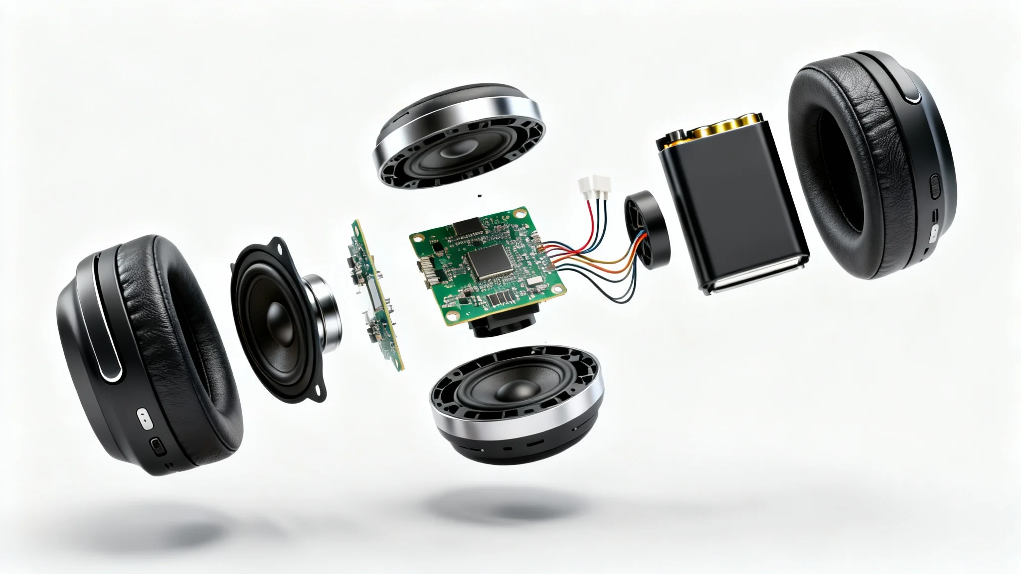 An exploded view photograph of a modern headphone, with its internal components like drivers and circuits floating neatly around the main structure against a clean white background.
