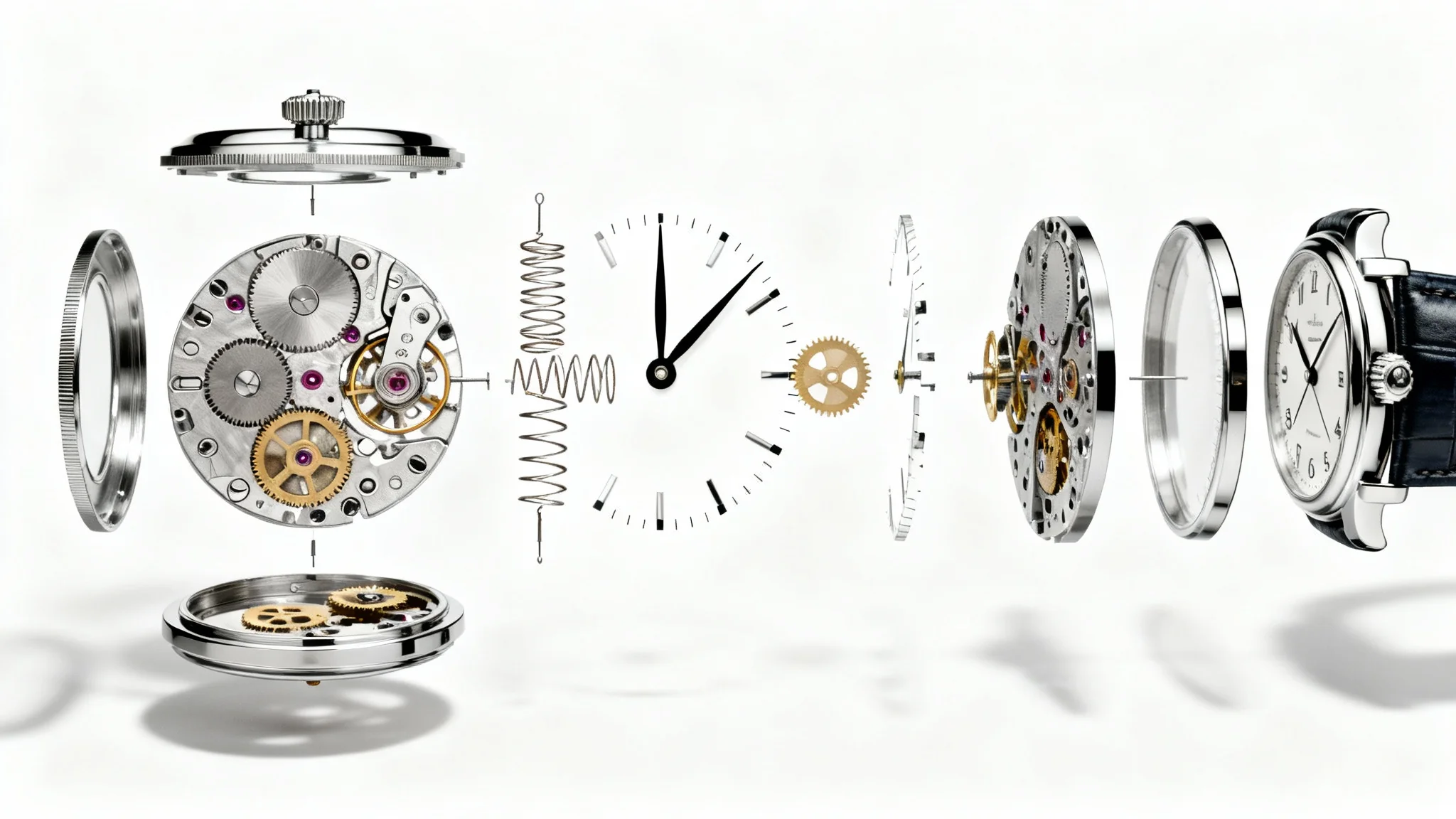 An exploded view photo of a mechanical wristwatch, with all its tiny gears, springs, and parts floating neatly in mid-air against a clean white background, showcasing its intricate inner workings.