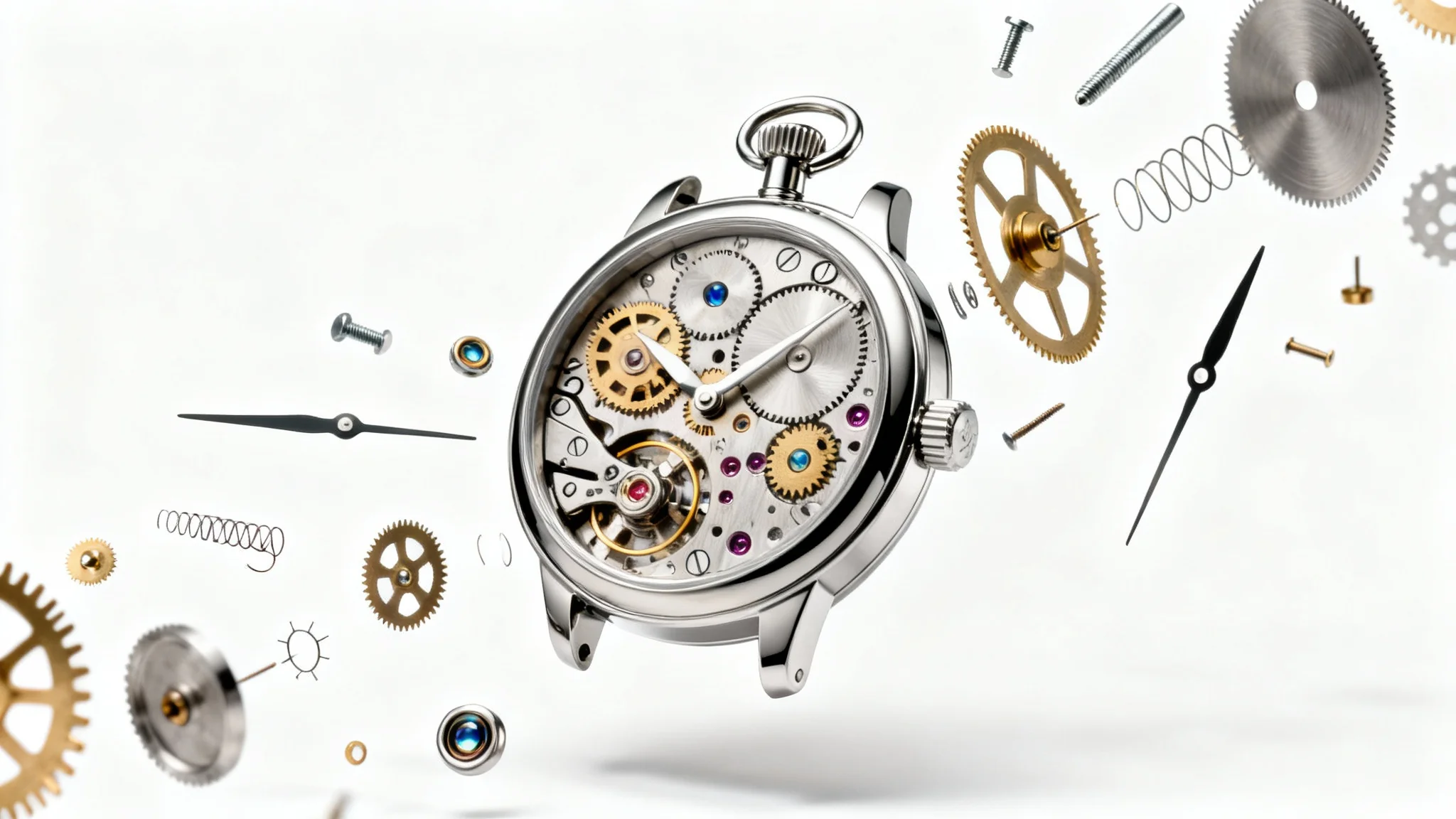 A photorealistic exploded view of a mechanical wristwatch, with its case and all internal components like gears and springs floating against a clean white background.