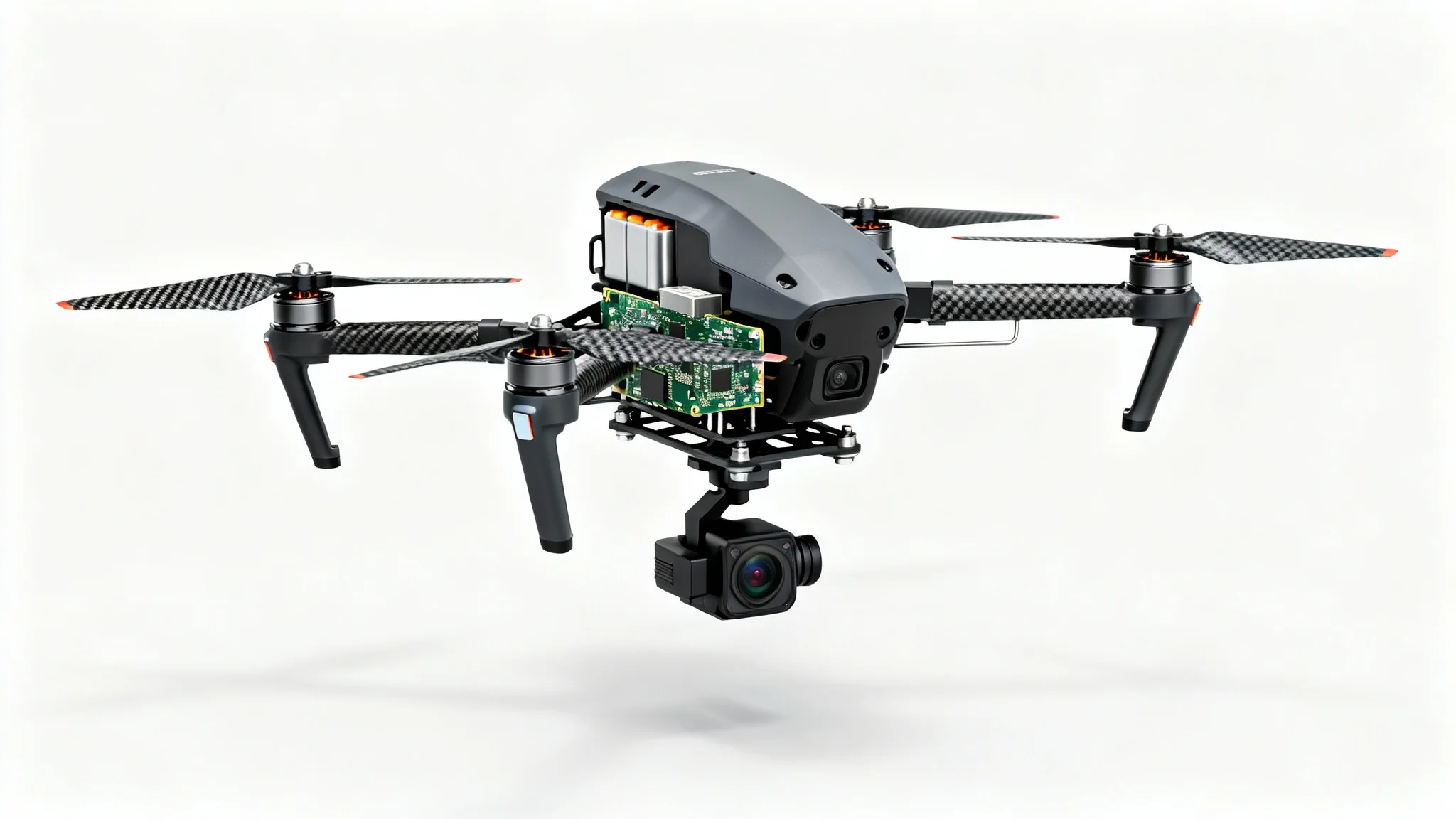An exploded view photograph of a modern high-performance drone against a clean white background, with all its components like propellers, motors, and camera floating neatly in mid-air.