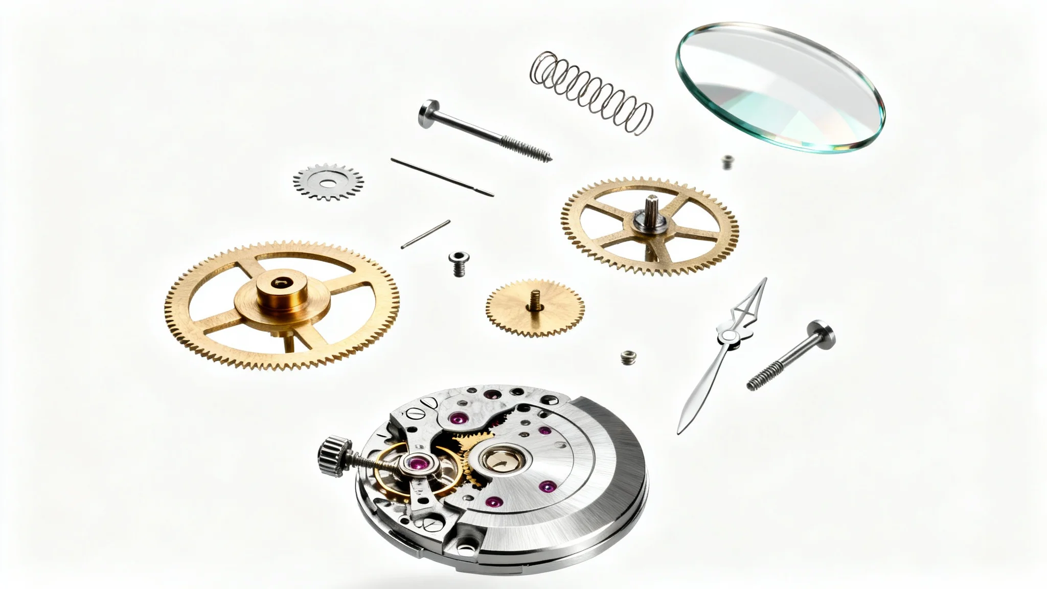 An exploded view photograph of a mechanical wristwatch, with all its tiny gears and components meticulously arranged in mid-air against a clean white background.