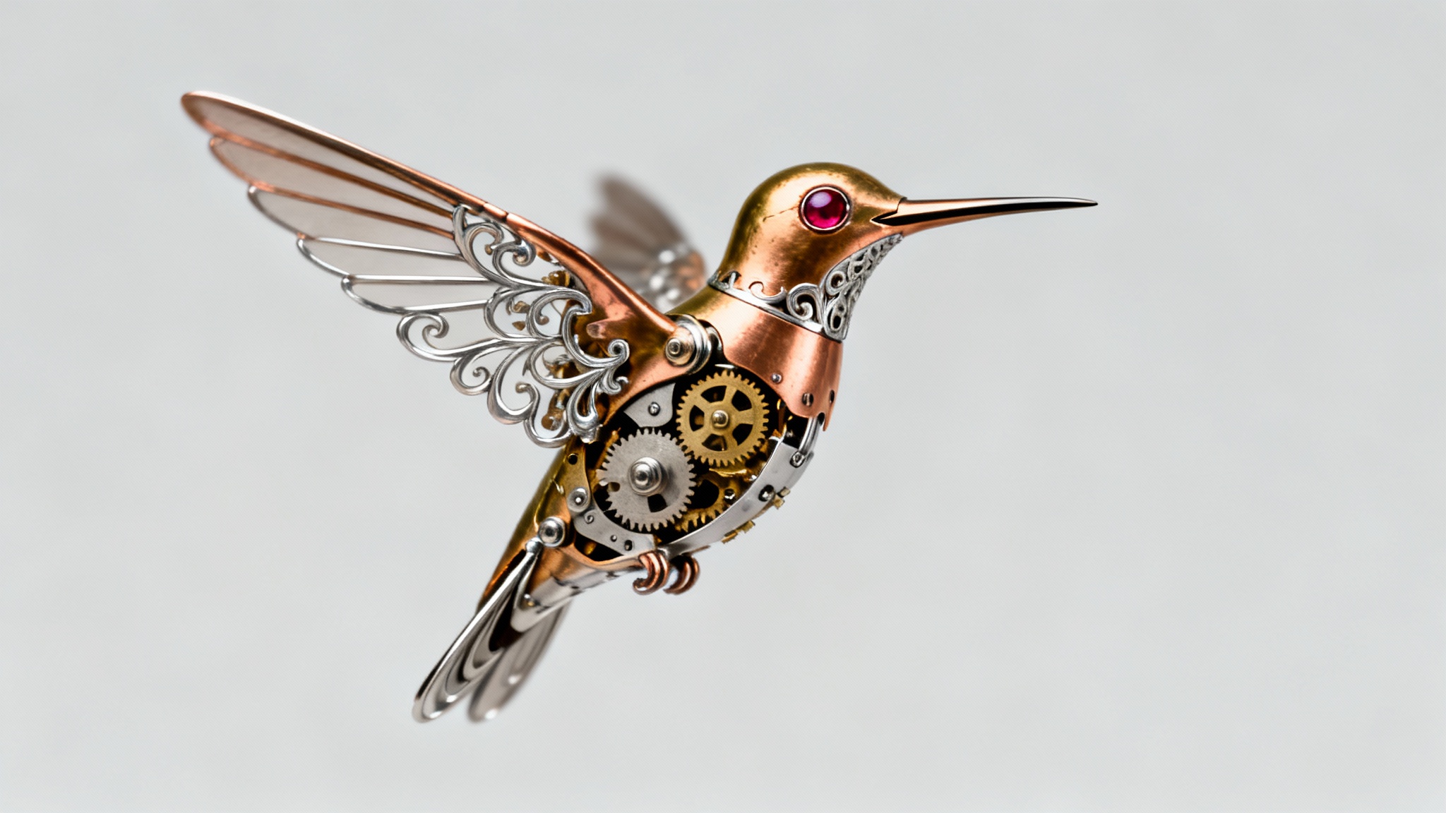 A hyper-detailed macro photograph of an intricate clockwork hummingbird made of brass and copper, set against a clean background, showcasing its visible gears and craftsmanship.