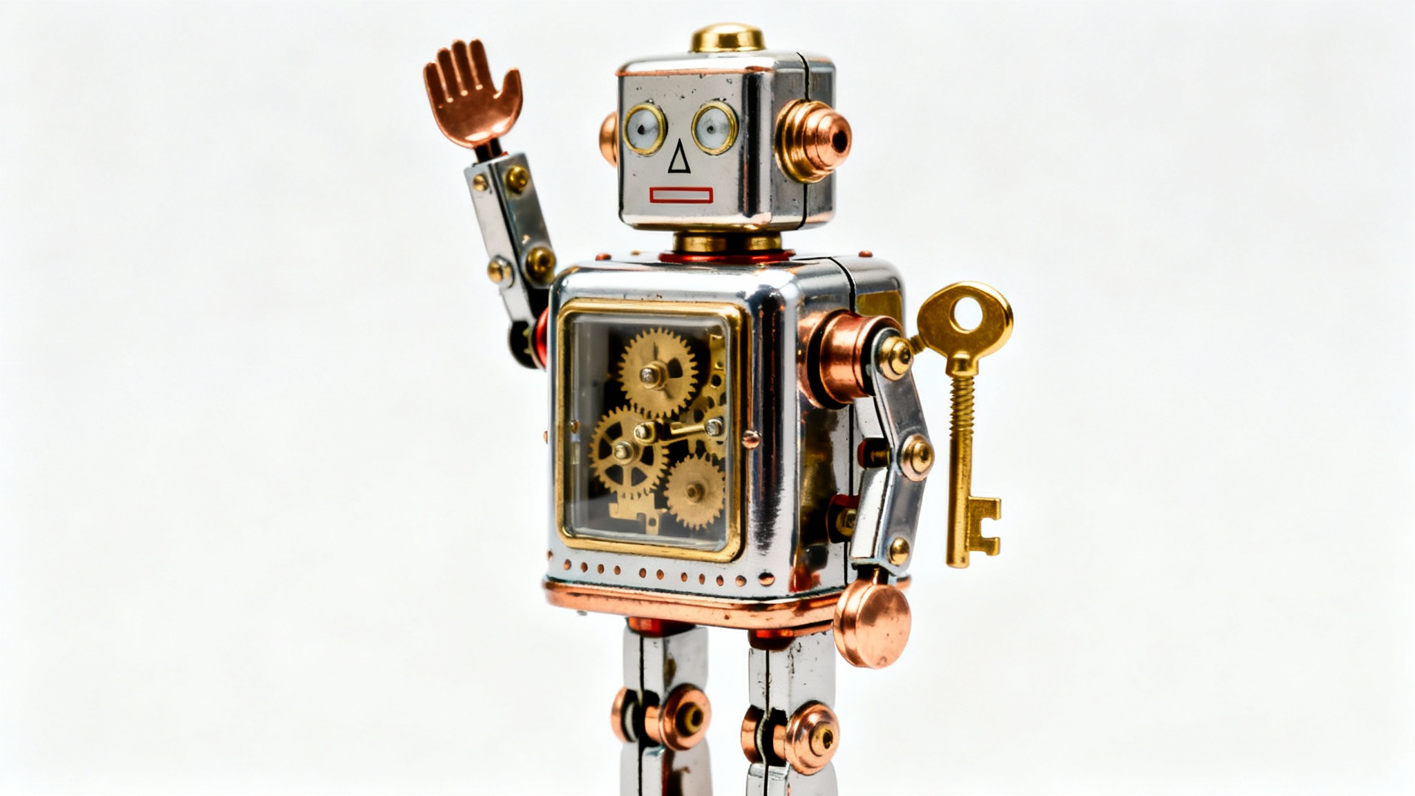 A photorealistic mockup of a vintage clockwork robot toy with a polished tin body and visible gears, standing on a solid white background.