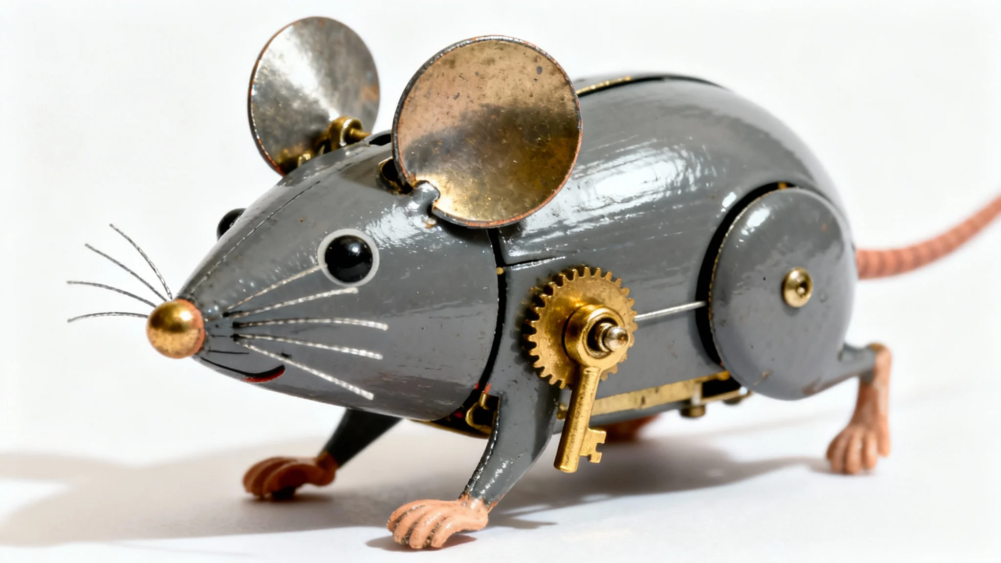 A highly detailed, photorealistic mockup of a vintage clockwork tin mouse with a brass wind-up key, poised on a clean white background.