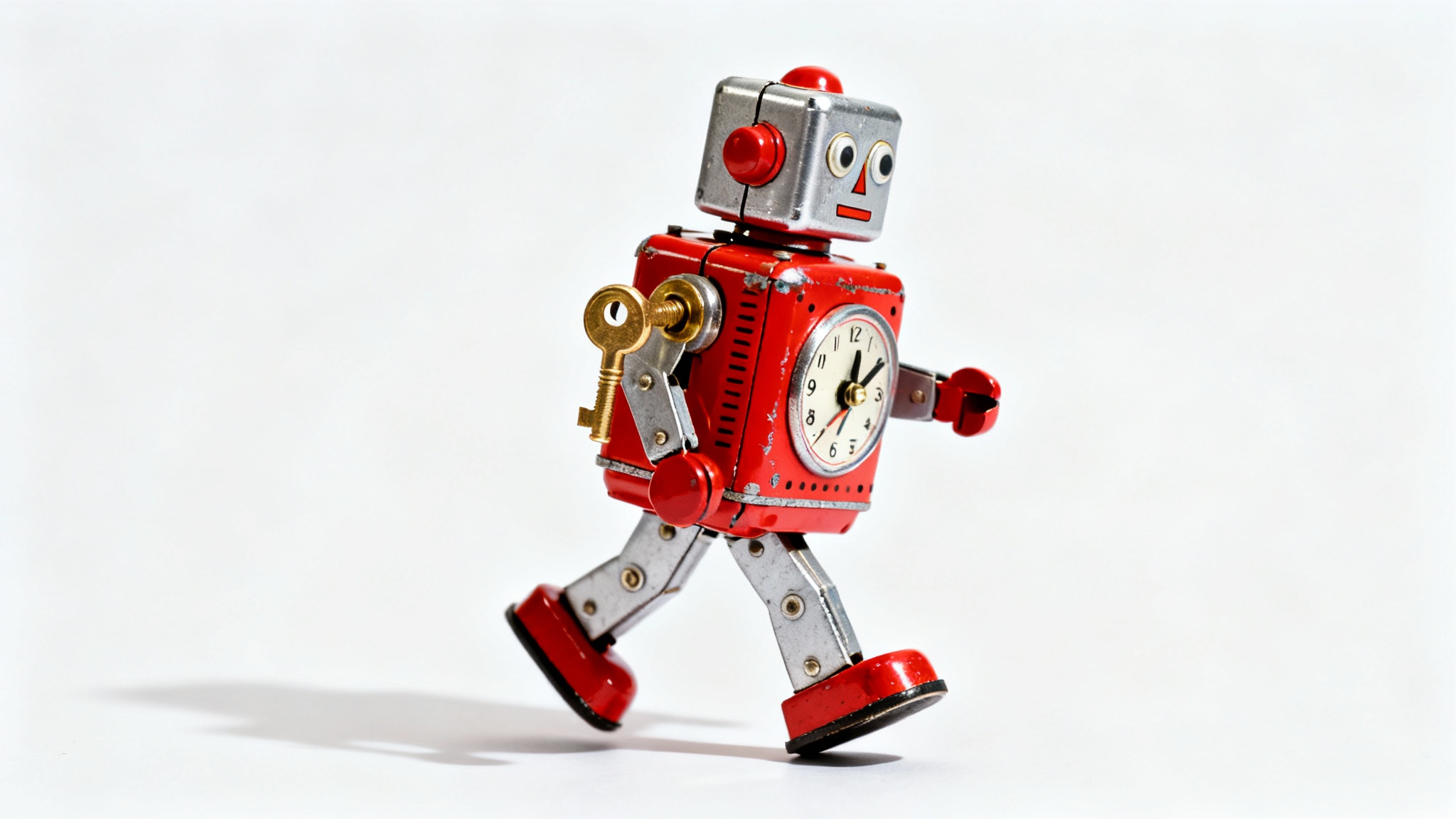 A close-up studio photograph of a vintage-style red and silver clockwork robot toy with a brass key, positioned as if walking against a pure white background.