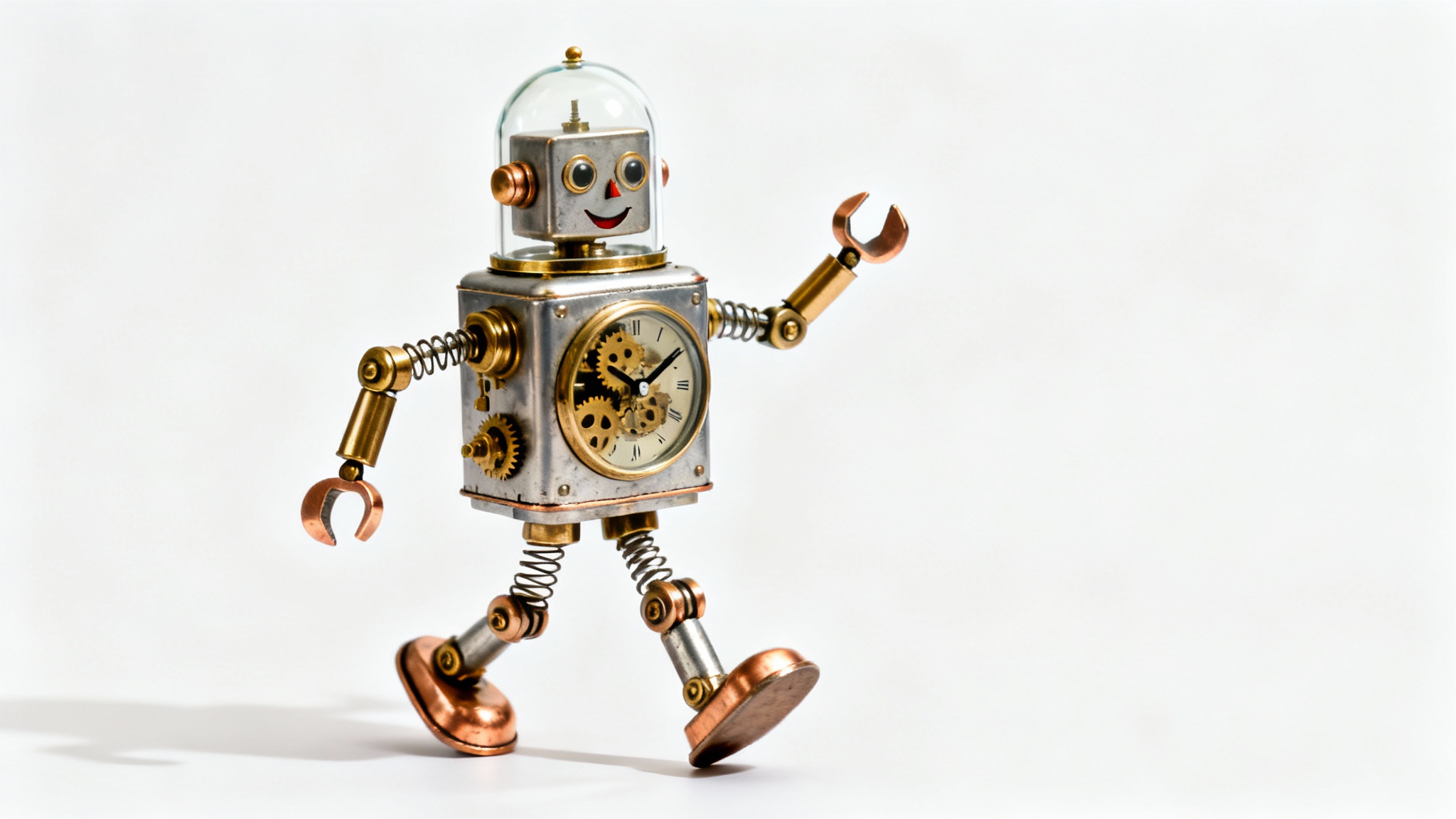 A vintage-style clockwork robot toy made of polished tin and brass, captured mid-stride against a clean white background, showcasing its intricate internal gears.