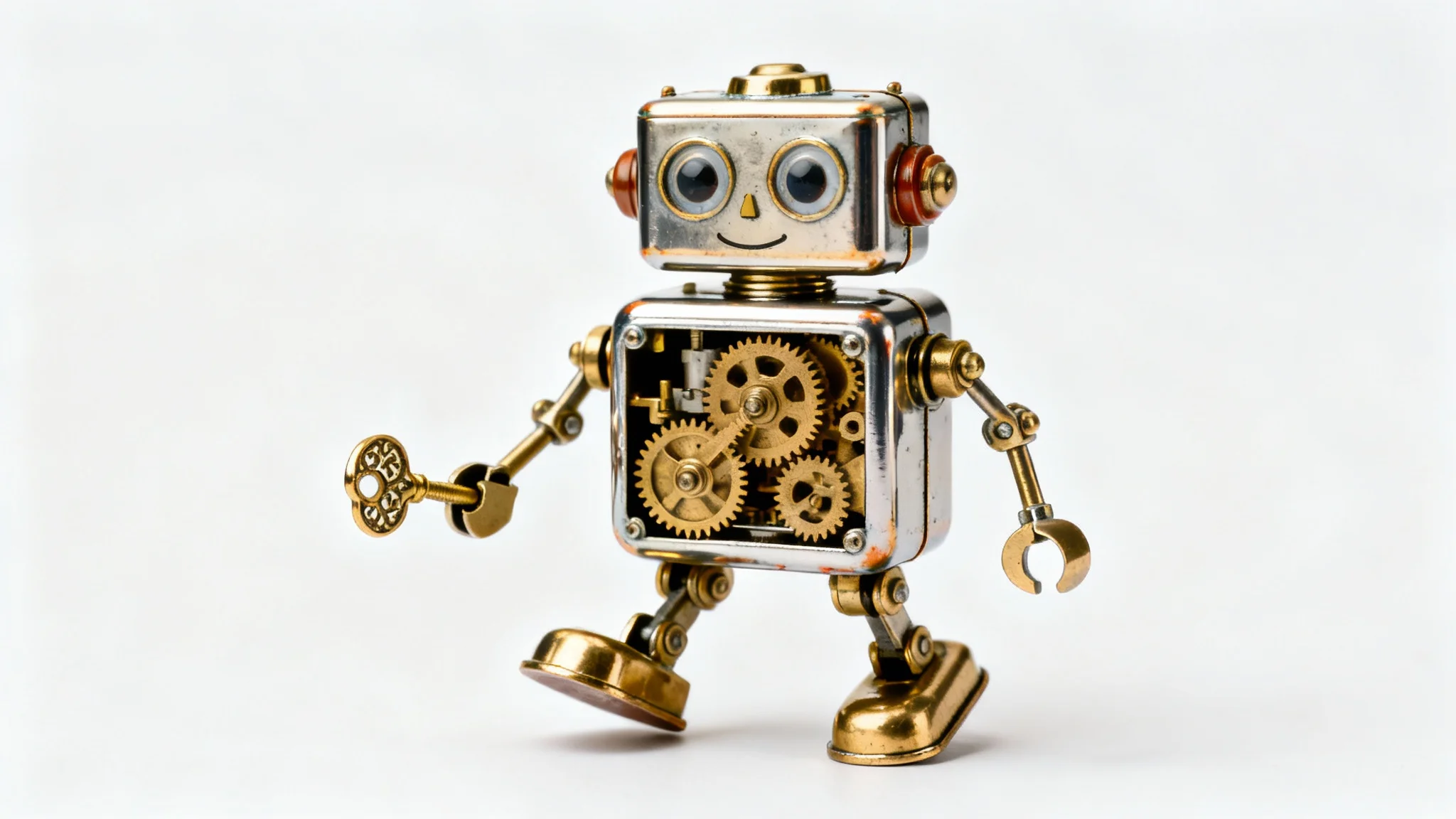 A photorealistic mockup of a vintage-style clockwork robot toy made of tin and brass, standing on a clean white background.