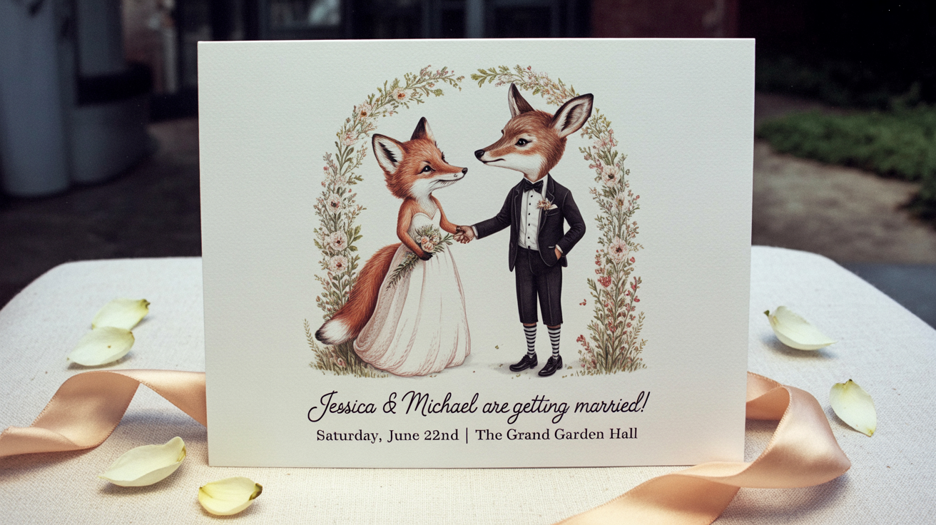 A beautifully designed wedding invitation laid flat on a white surface, featuring a whimsical color caricature of a smiling bride and groom. The invitation includes elegant text with wedding details.
