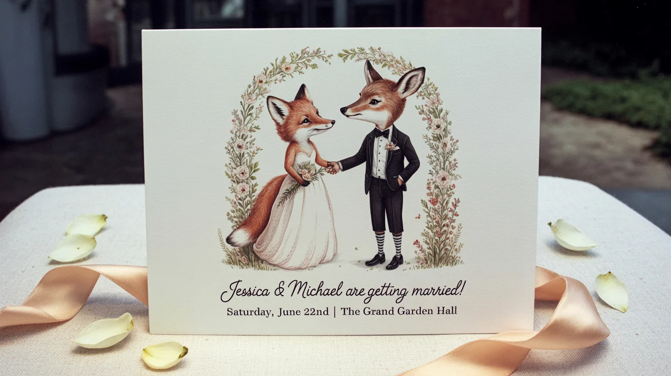 A beautifully designed wedding invitation laid flat on a white surface, featuring a whimsical color caricature of a smiling bride and groom. The invitation includes elegant text with wedding details.
