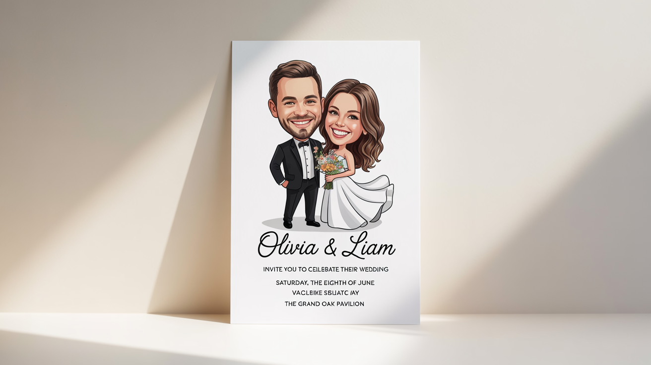 A photorealistic mockup of a wedding invitation featuring a fun caricature of a bride and groom. The text invites guests to the wedding of 'Olivia & Liam'.