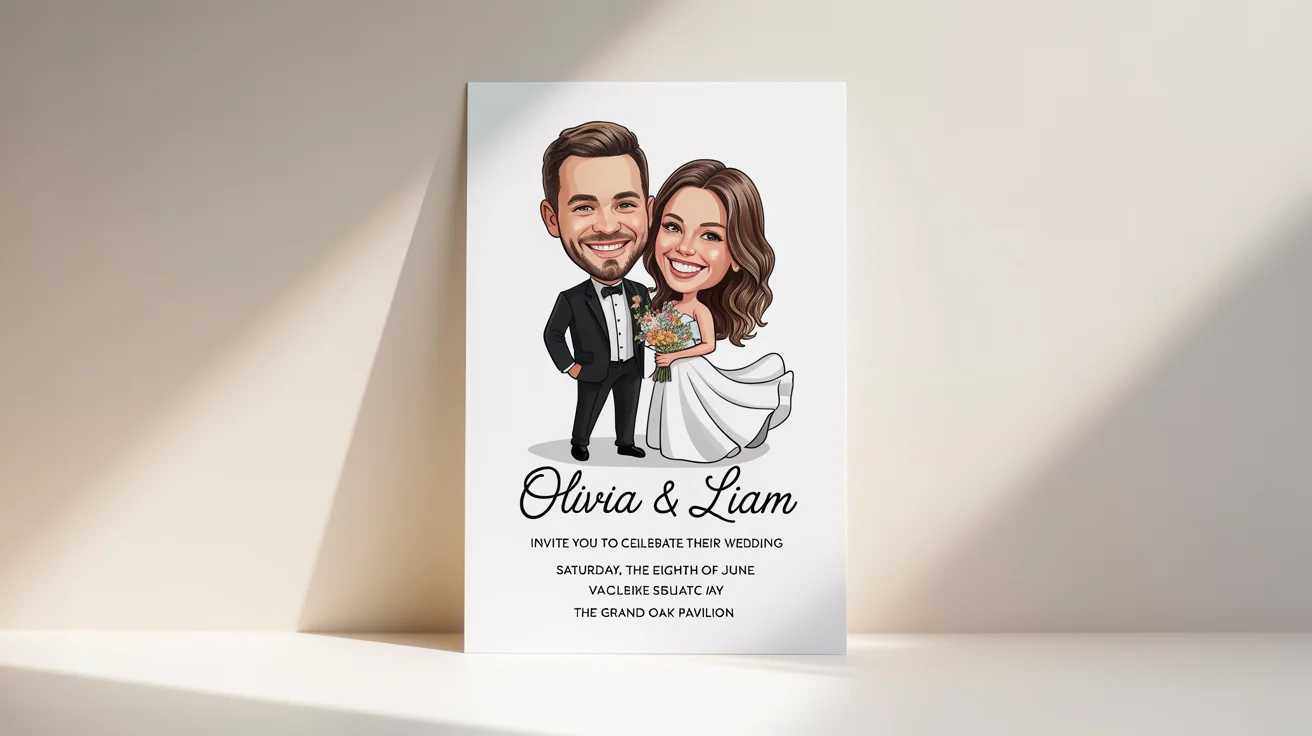 A photorealistic mockup of a wedding invitation featuring a fun caricature of a bride and groom. The text invites guests to the wedding of 'Olivia & Liam'.