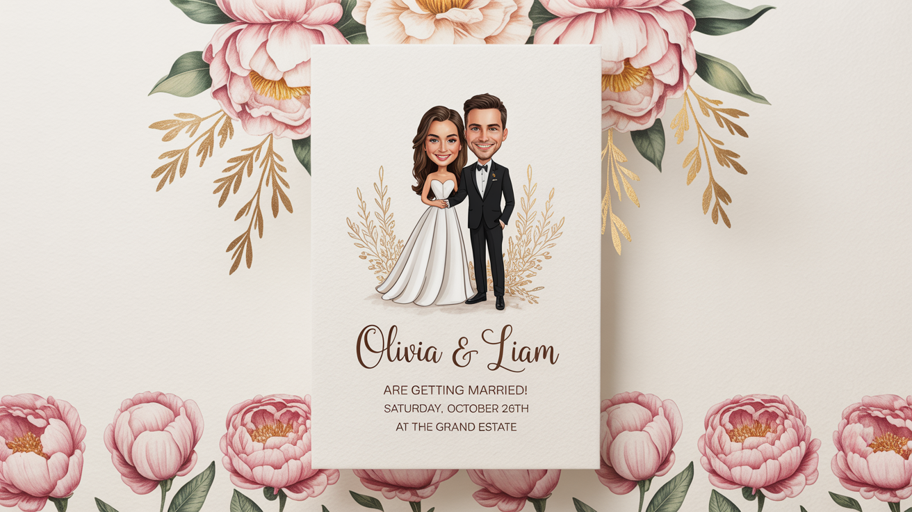 A wedding invitation on a white background featuring a funny caricature of a bride and groom, with the wedding details 'Olivia & Liam are getting married! Saturday, October 26th at The Grand Estate' written below.