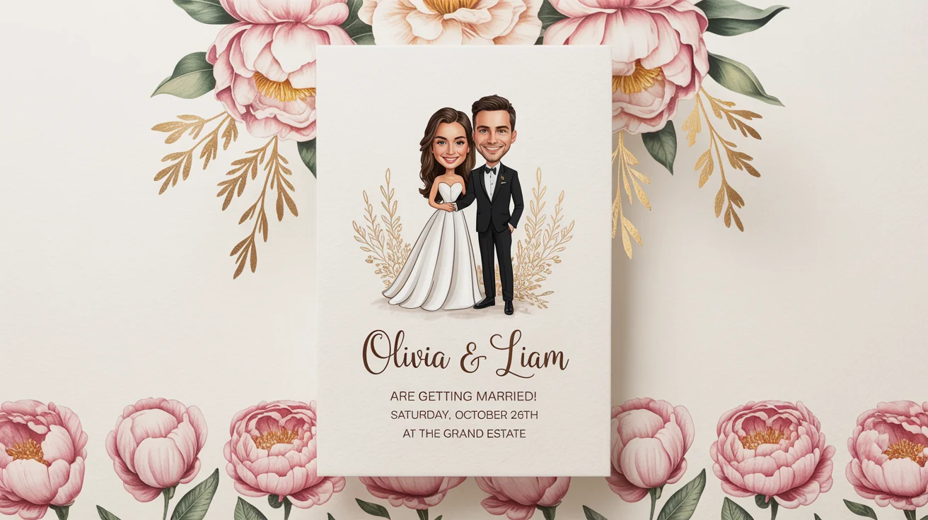 A wedding invitation on a white background featuring a funny caricature of a bride and groom, with the wedding details 'Olivia & Liam are getting married! Saturday, October 26th at The Grand Estate' written below.