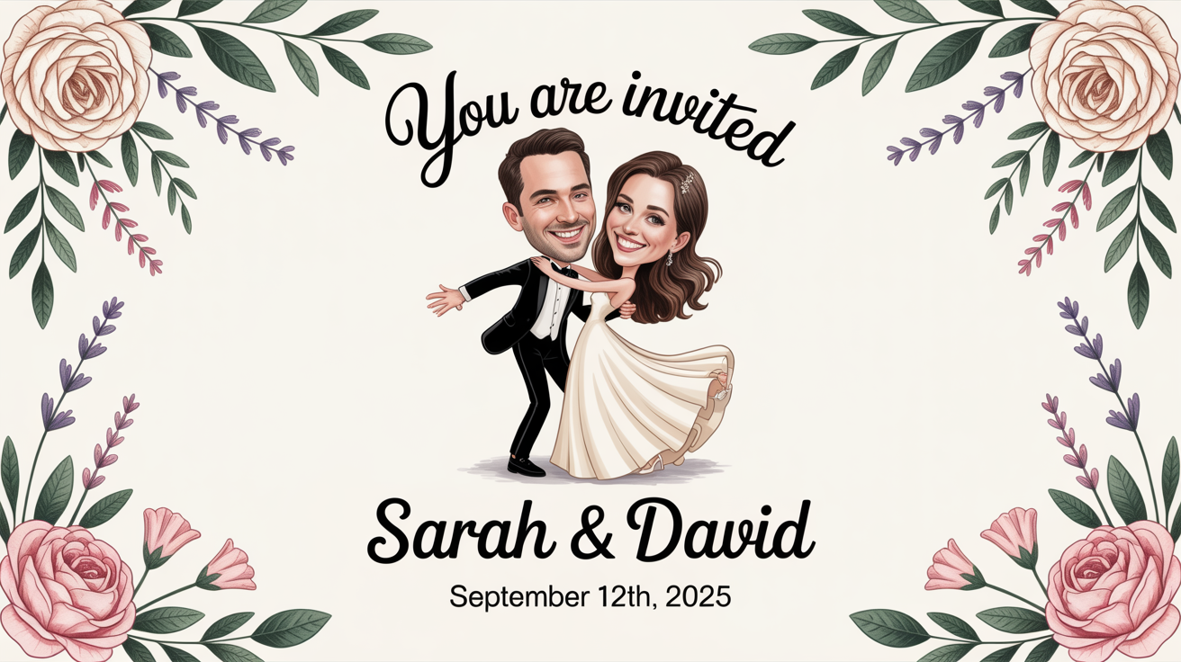 A wedding invitation mockup featuring a cute caricature of a bride and groom dancing, with the text 'You are Invited' and fictional names and a date.