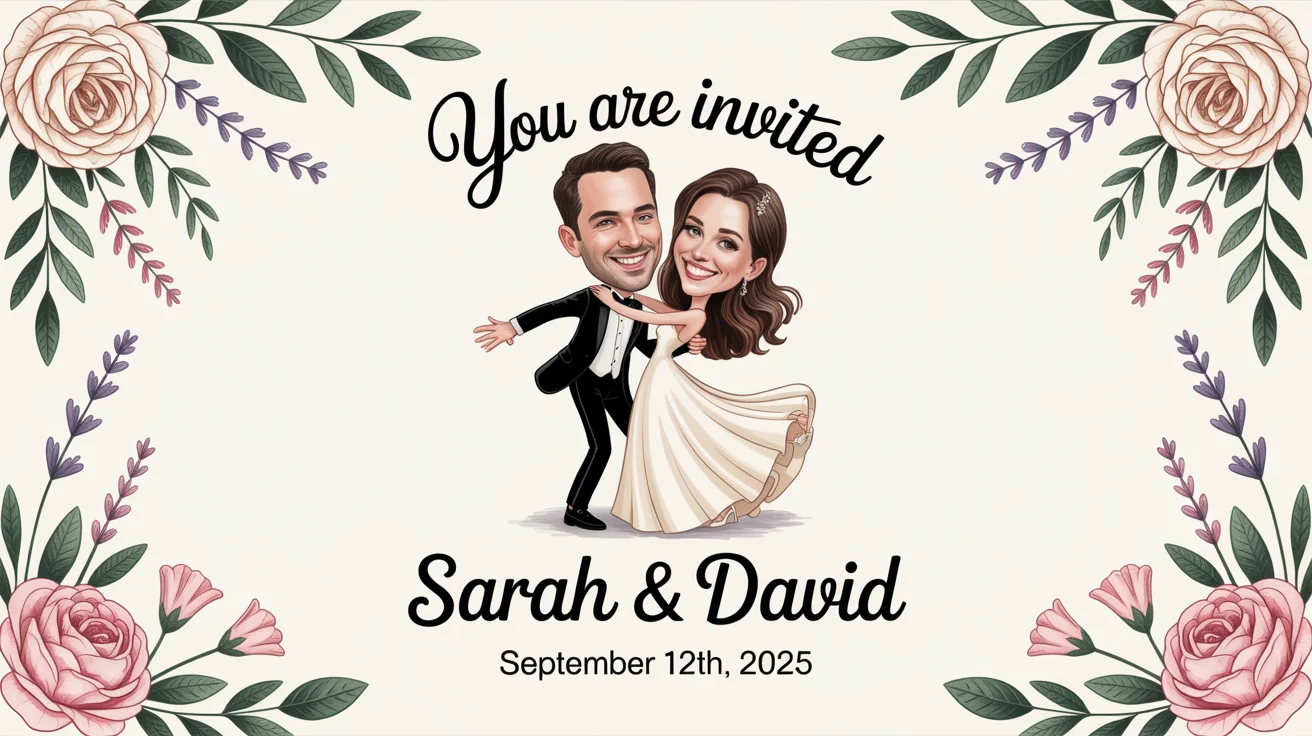 A wedding invitation mockup featuring a cute caricature of a bride and groom dancing, with the text 'You are Invited' and fictional names and a date.