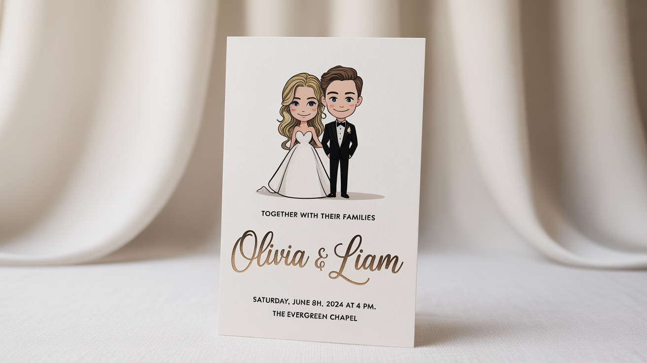 A close-up of a wedding invitation mockup featuring a charming caricature of a bride and groom. The invitation has elegant text with fictional wedding details and is set against a plain white background.
