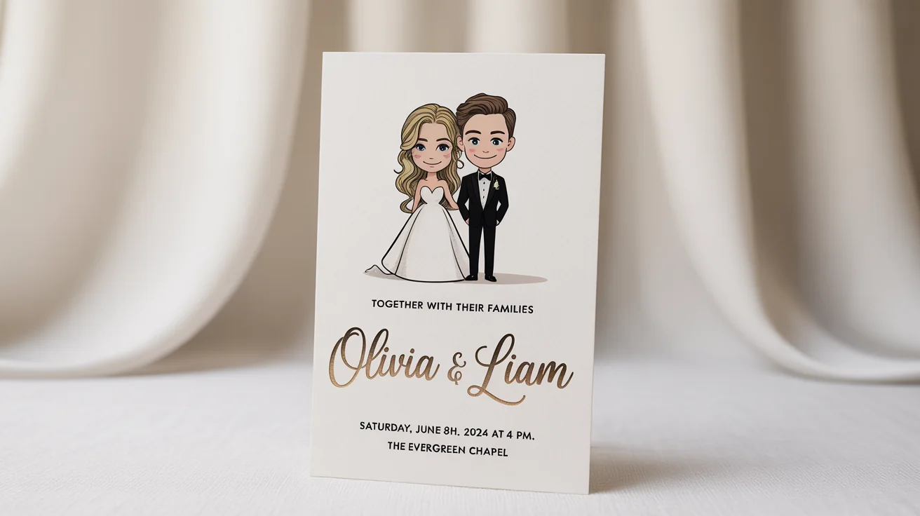 A close-up of a wedding invitation mockup featuring a charming caricature of a bride and groom. The invitation has elegant text with fictional wedding details and is set against a plain white background.