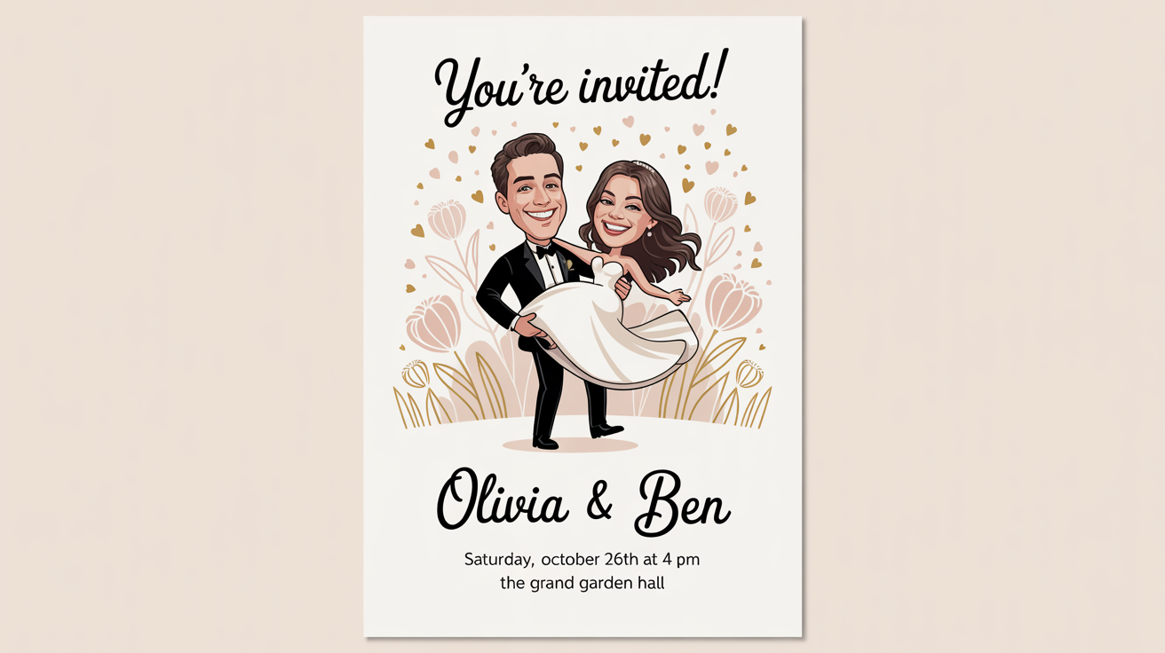 A wedding invitation mockup on a white background, featuring a fun caricature of a bride and groom laughing.