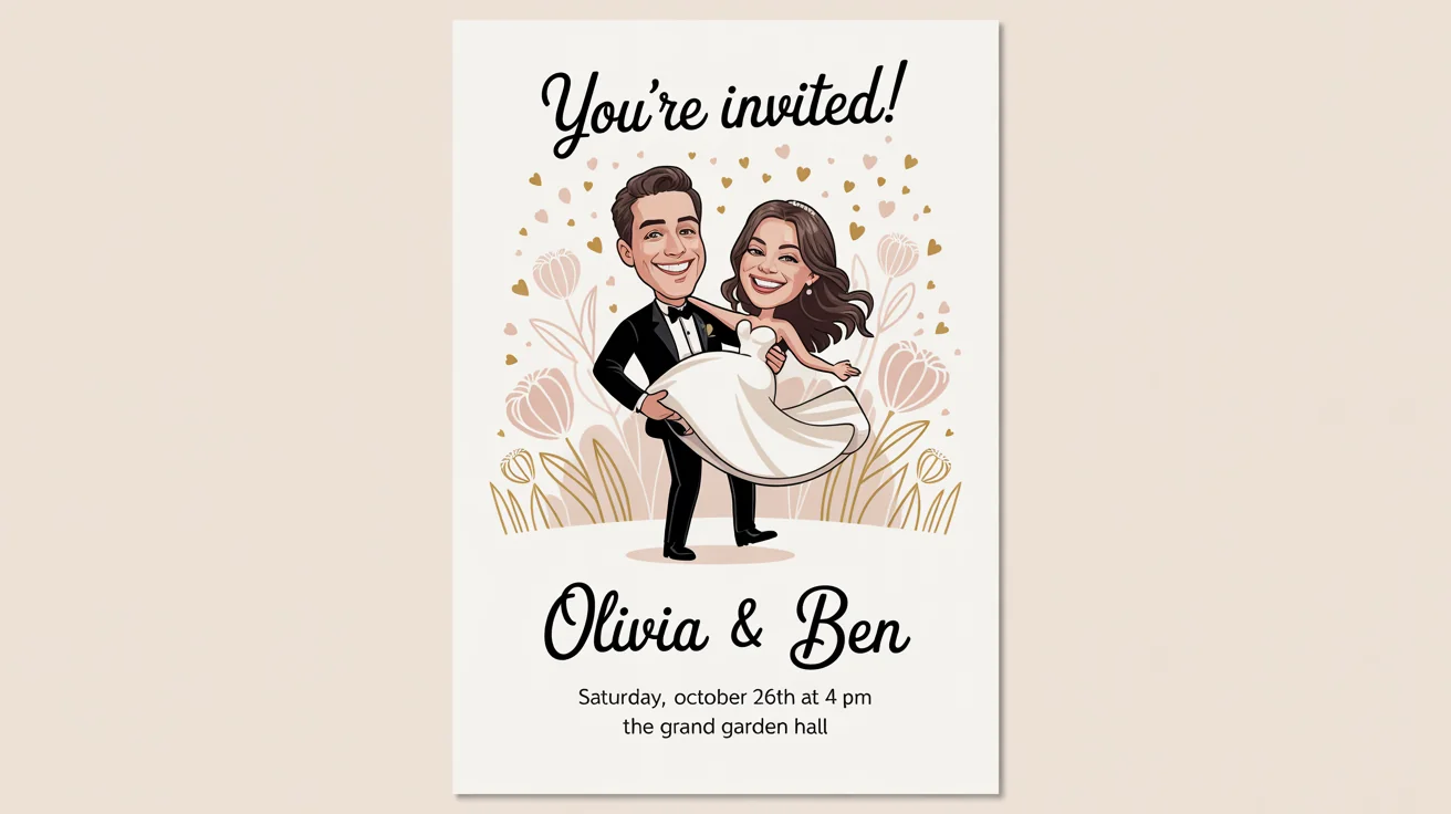 A wedding invitation mockup on a white background, featuring a fun caricature of a bride and groom laughing.