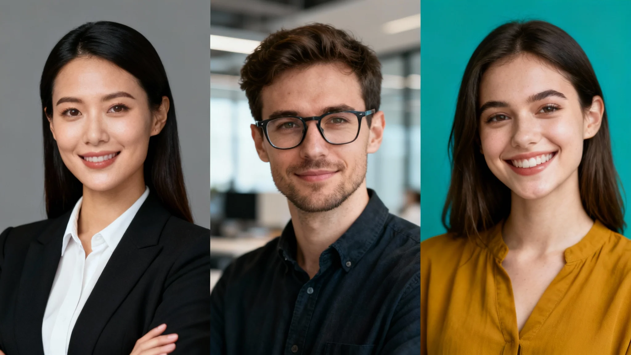 A collage of three professional headshots demonstrating a background editor. A businesswoman is on a gray background, a man is in a blurred office setting, and a woman is on a vibrant teal background, all perfectly edited.