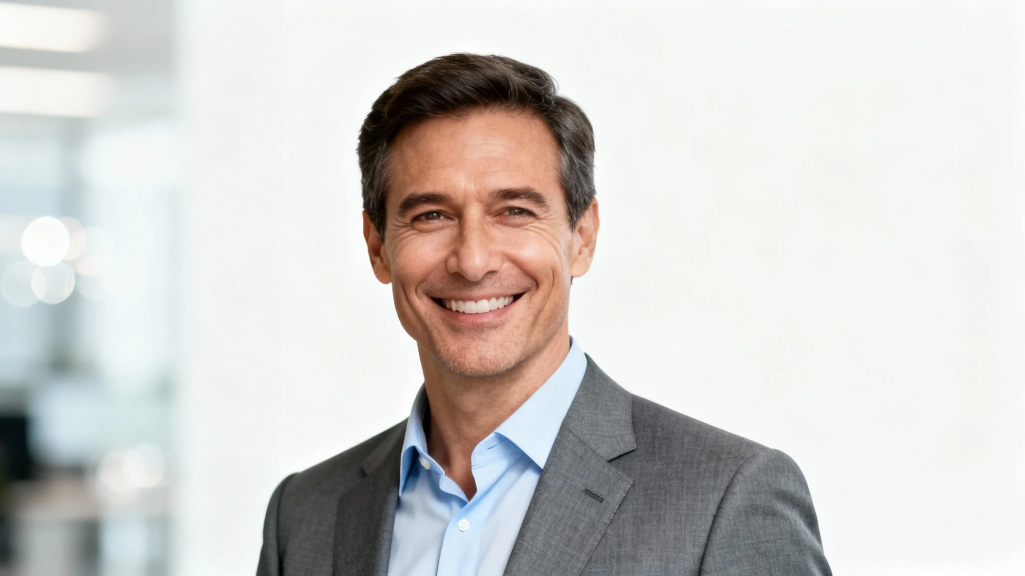 A professional headshot of a smiling man in a suit, shown against a blurred modern office background, demonstrating the result of a headshot background editor.