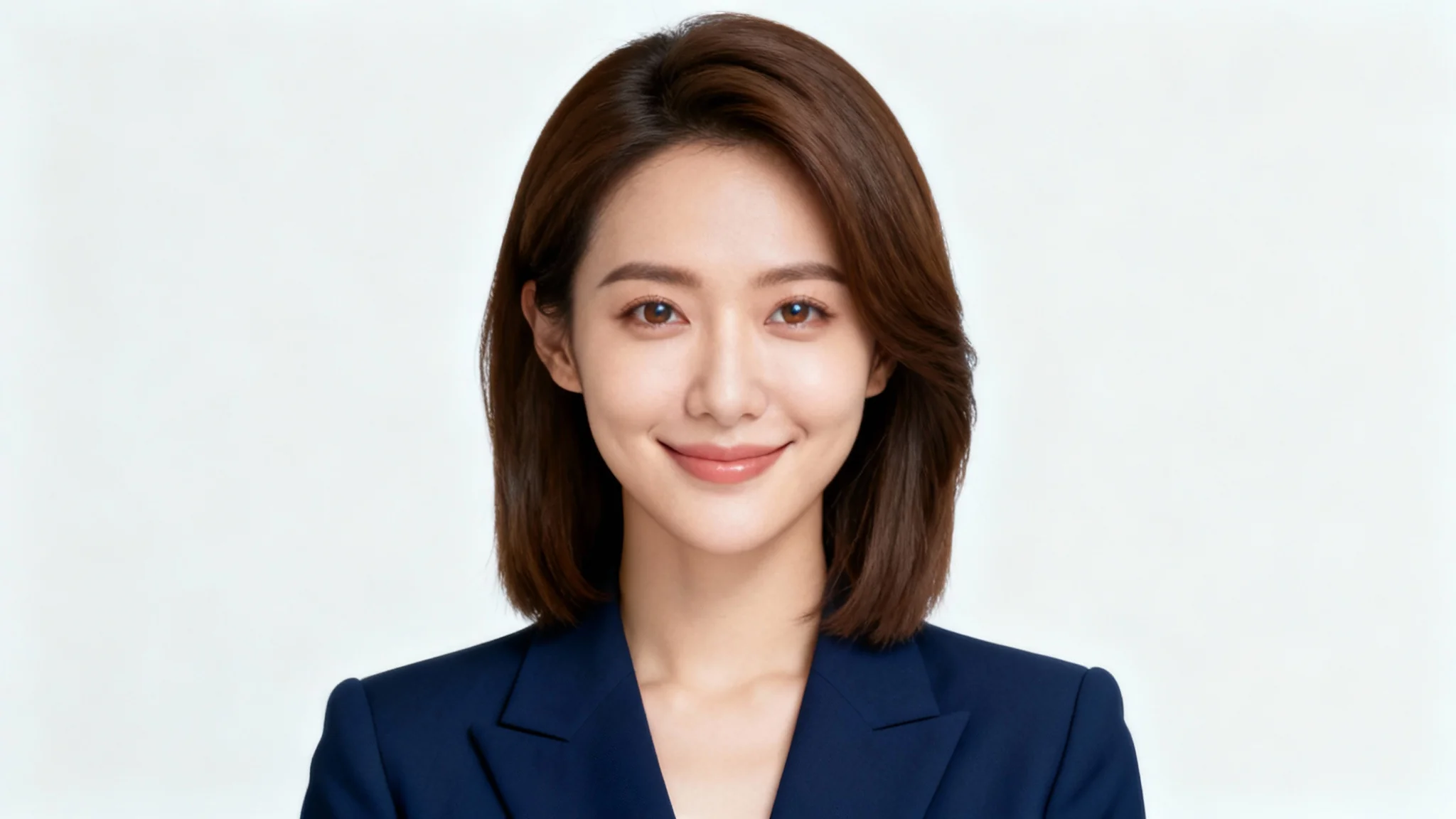 A professional headshot of a smiling woman in a navy blue blazer, positioned against a clean, light grey background, showcasing the result of a headshot background editor.