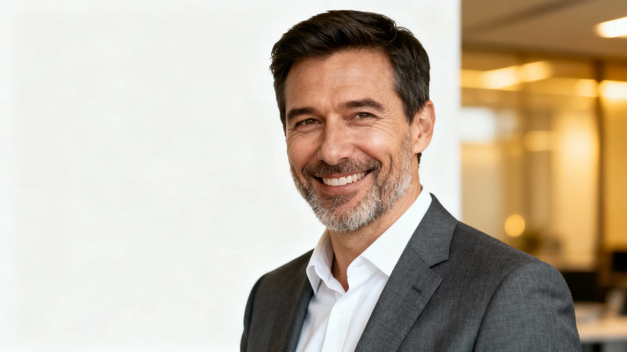 A professional headshot of a smiling man in a suit against a blurred office background, demonstrating the result of a headshot background editor.