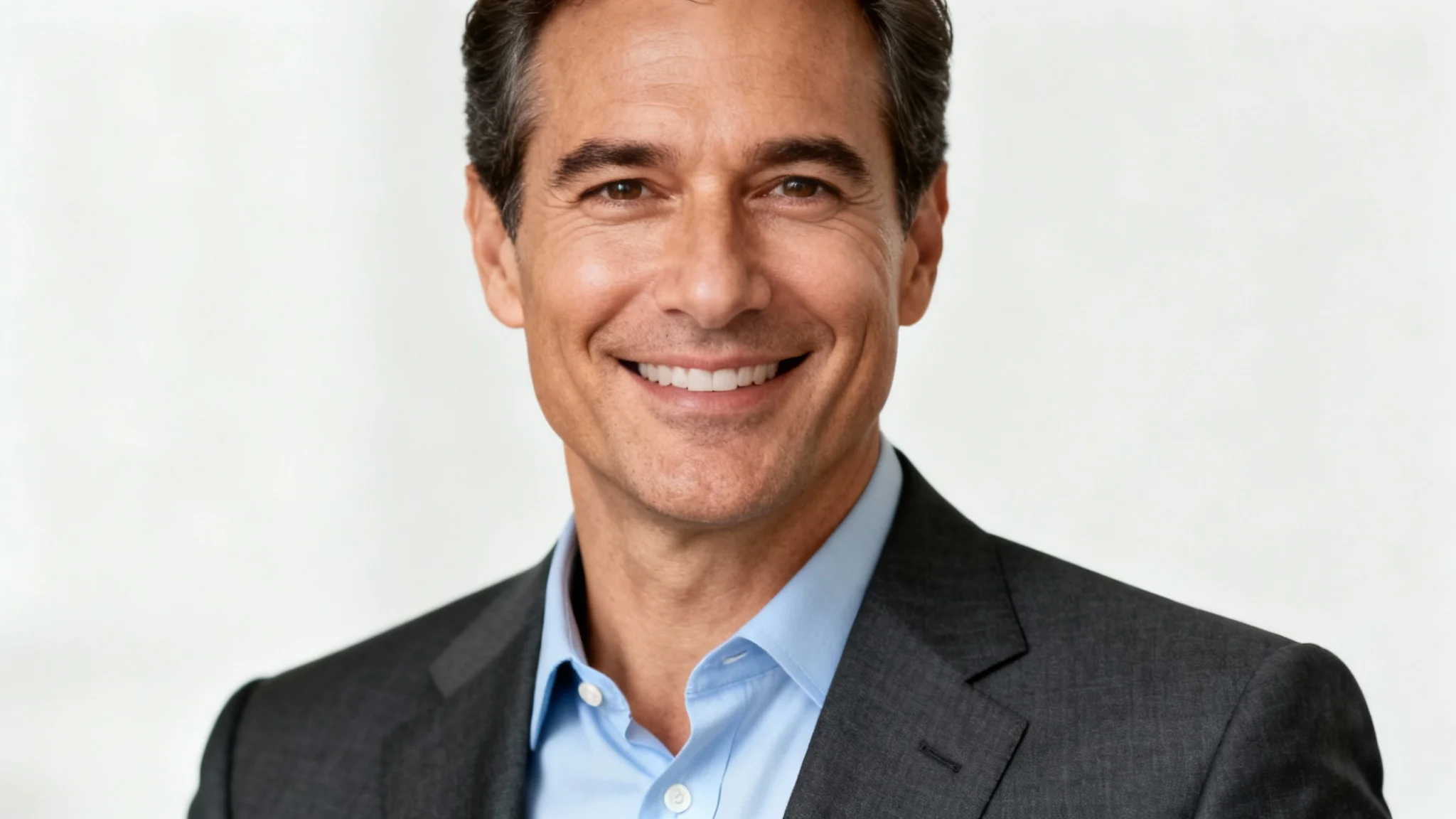 A professional headshot of a smiling man in a suit, looking at the camera against a clean, plain off-white background, representing a photo edited with a background editor.